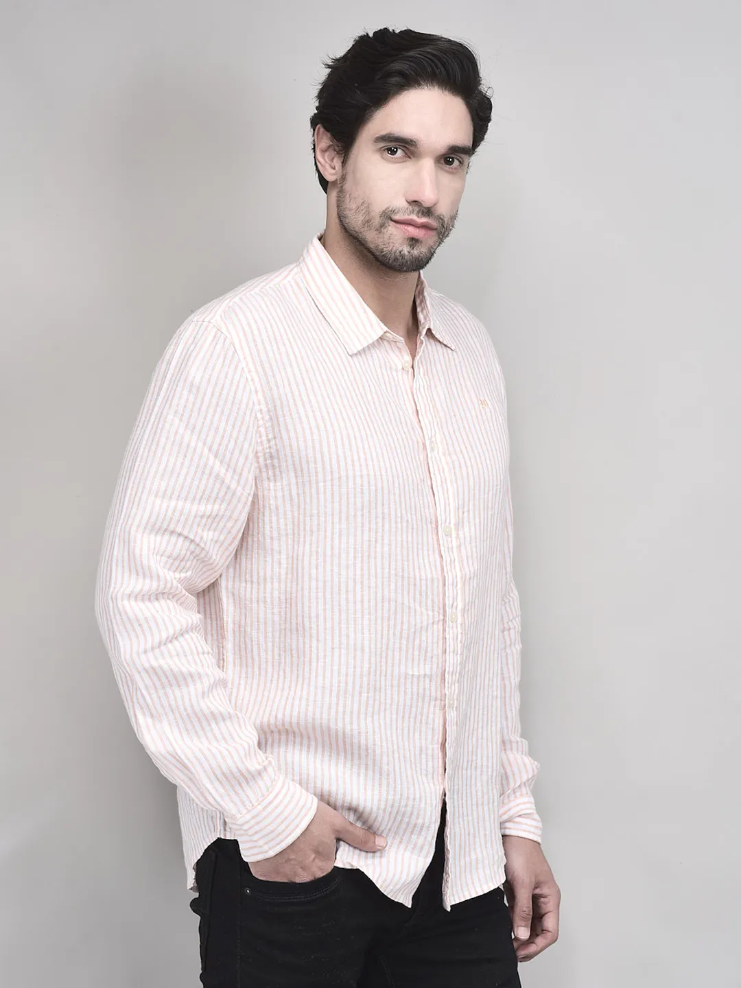 Woods Men Linen Peach White Shirt - Thumbnail 2