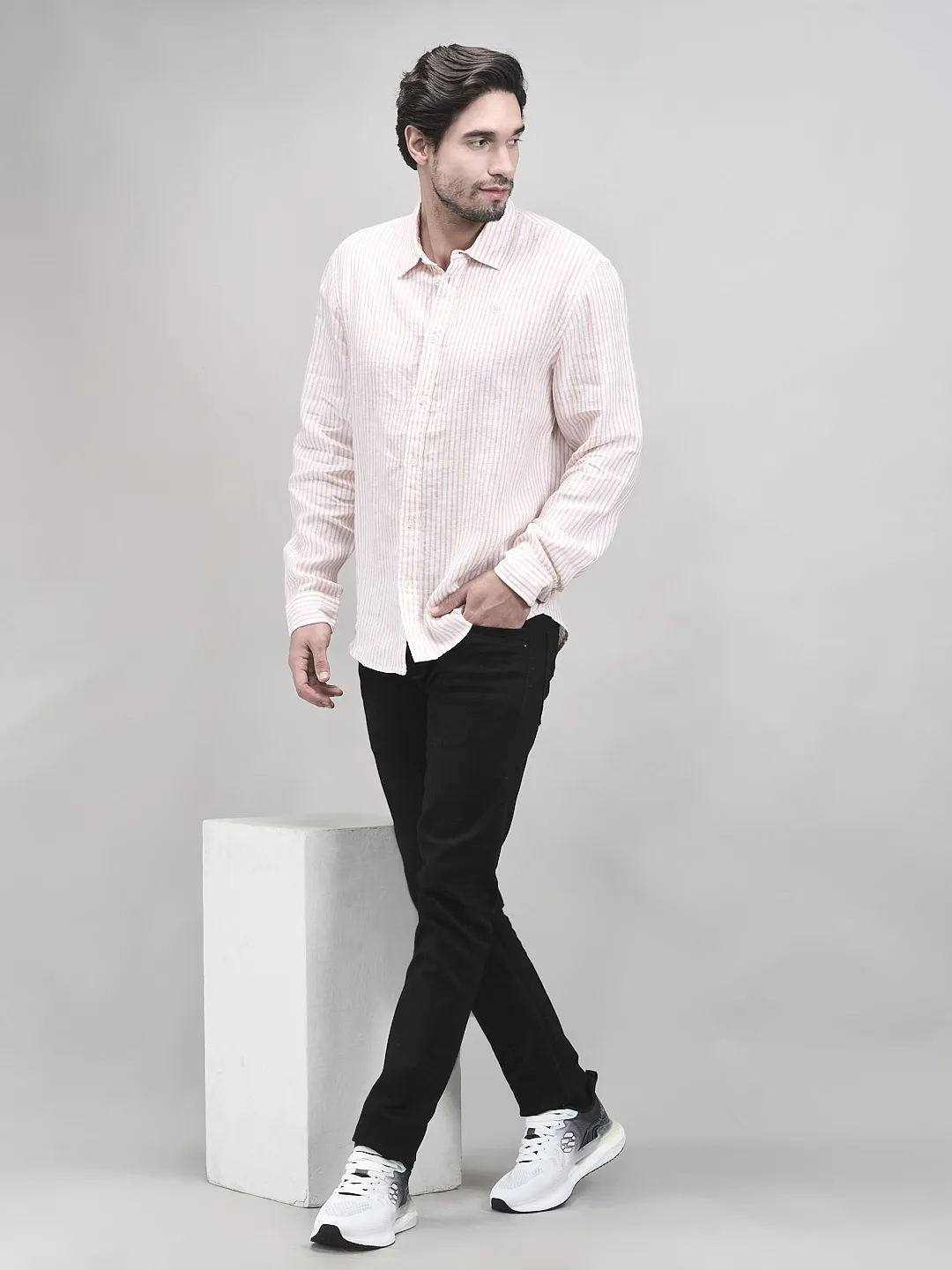 Woods Men Linen Peach White Shirt - Thumbnail 7