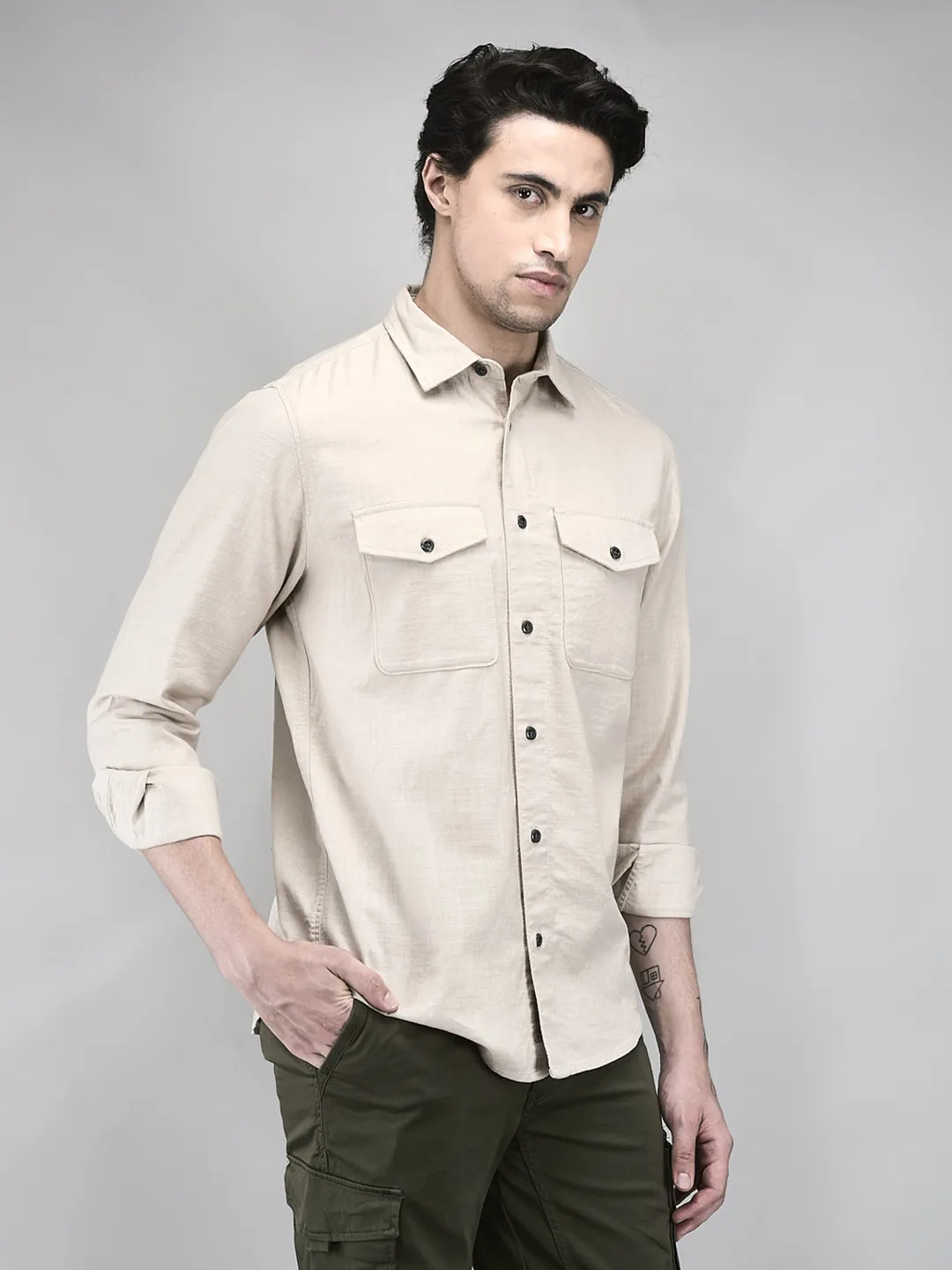 Woodland Men Beige Regular Fit Full Sleeve Shirt - Thumbnail 2