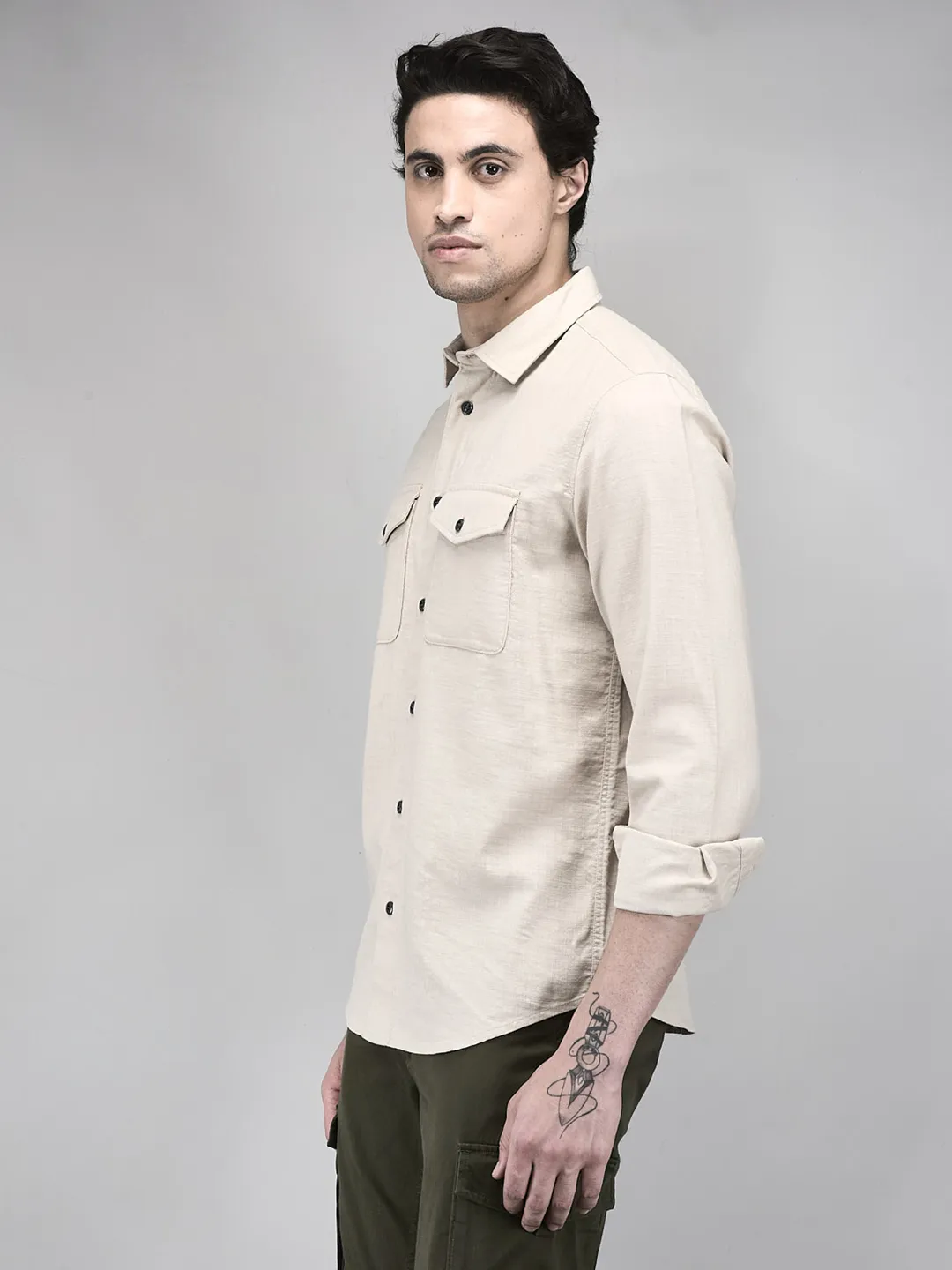 Woodland Men Beige Regular Fit Full Sleeve Shirt - Thumbnail 3