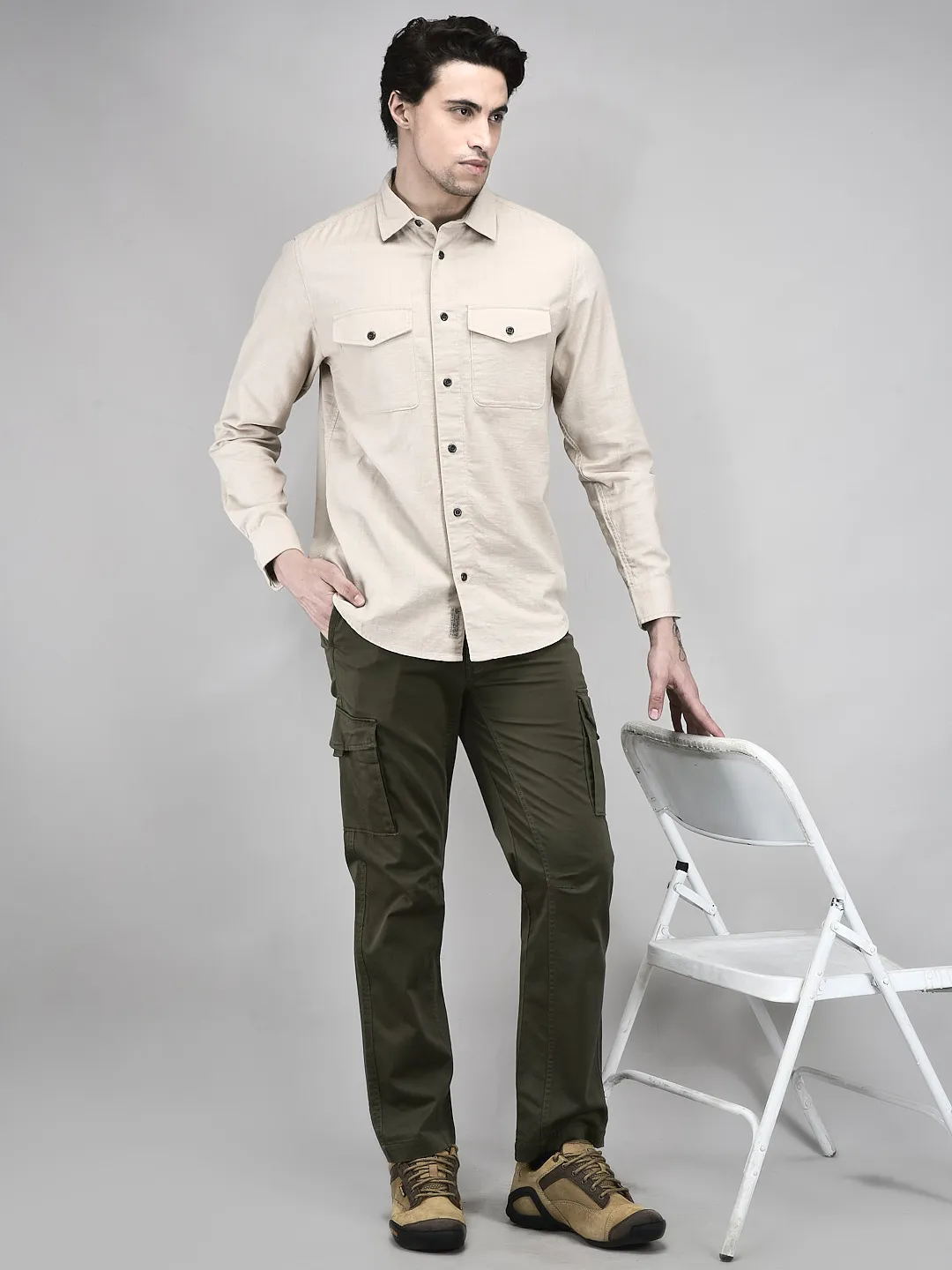 Woodland Men Beige Regular Fit Full Sleeve Shirt - Thumbnail 6