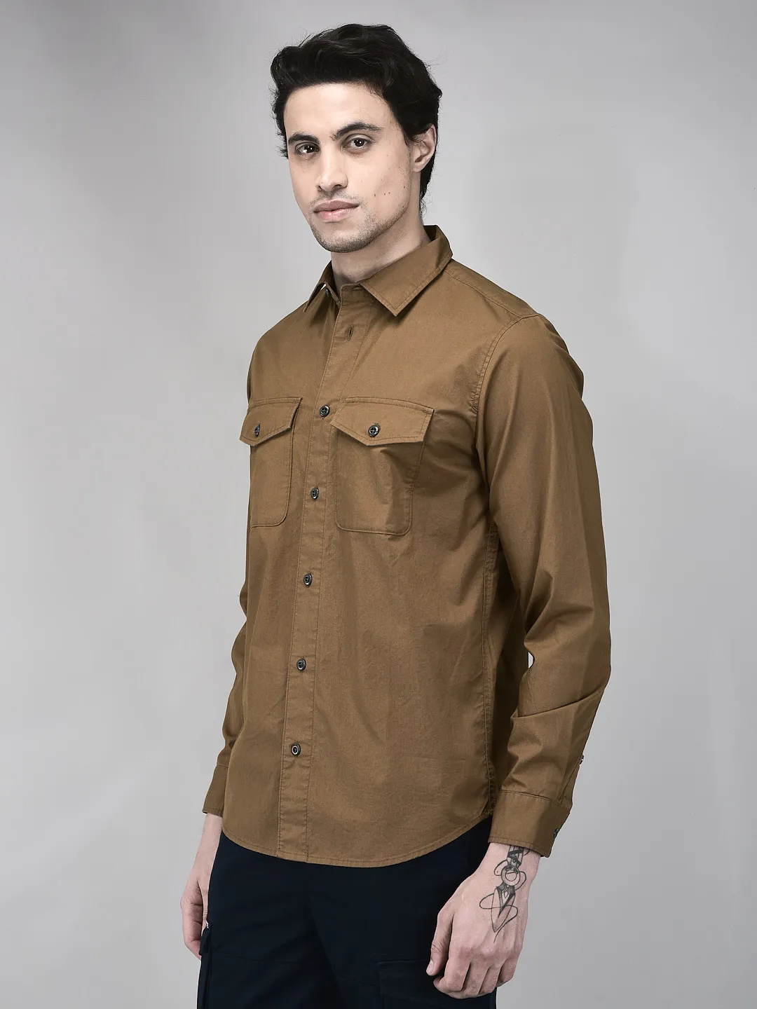 Woodland Men Camel Regular Fit Full Sleeve Shirt - Thumbnail 3