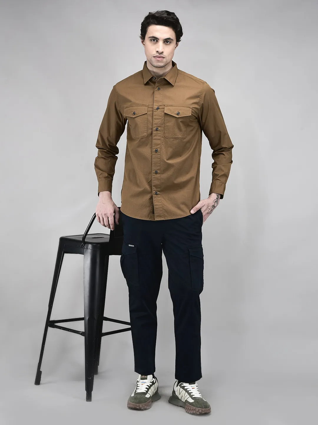 Woodland Men Camel Regular Fit Full Sleeve Shirt - Thumbnail 7