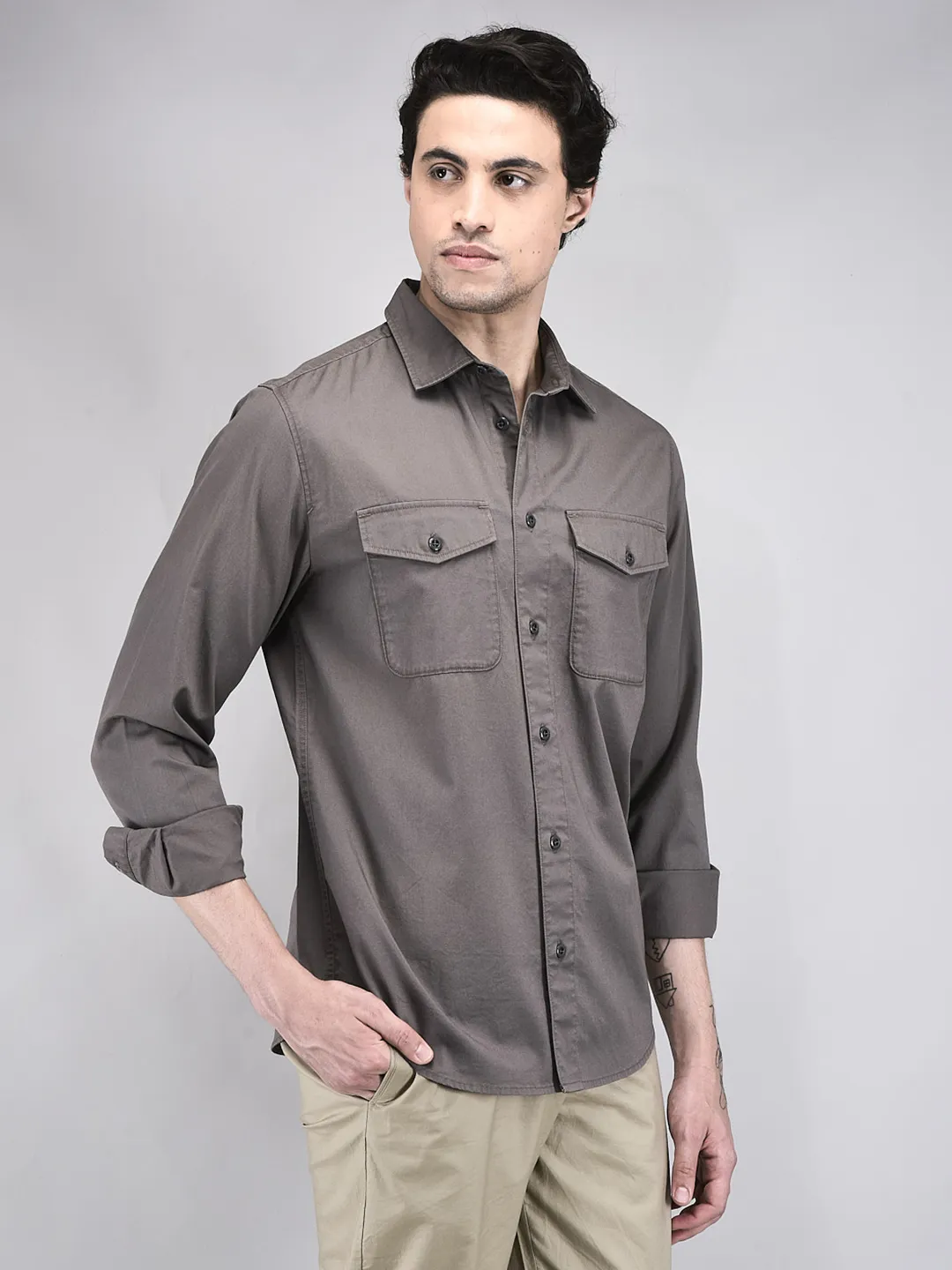 Woodland Men Grey Regular Fit Full Sleeve Shirt - Thumbnail 2