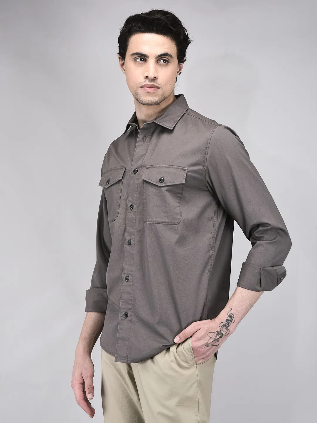 Woodland Men Grey Regular Fit Full Sleeve Shirt - Thumbnail 3