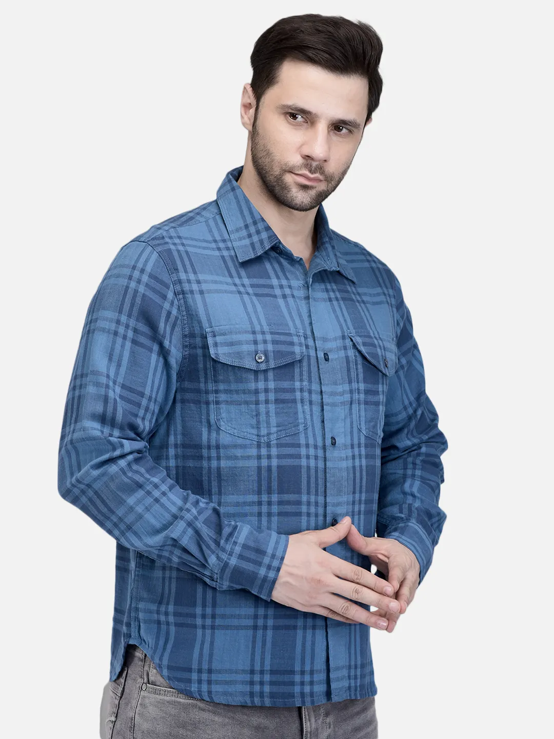 Woodland Men Blue Multi Checked Utility Shirt 3