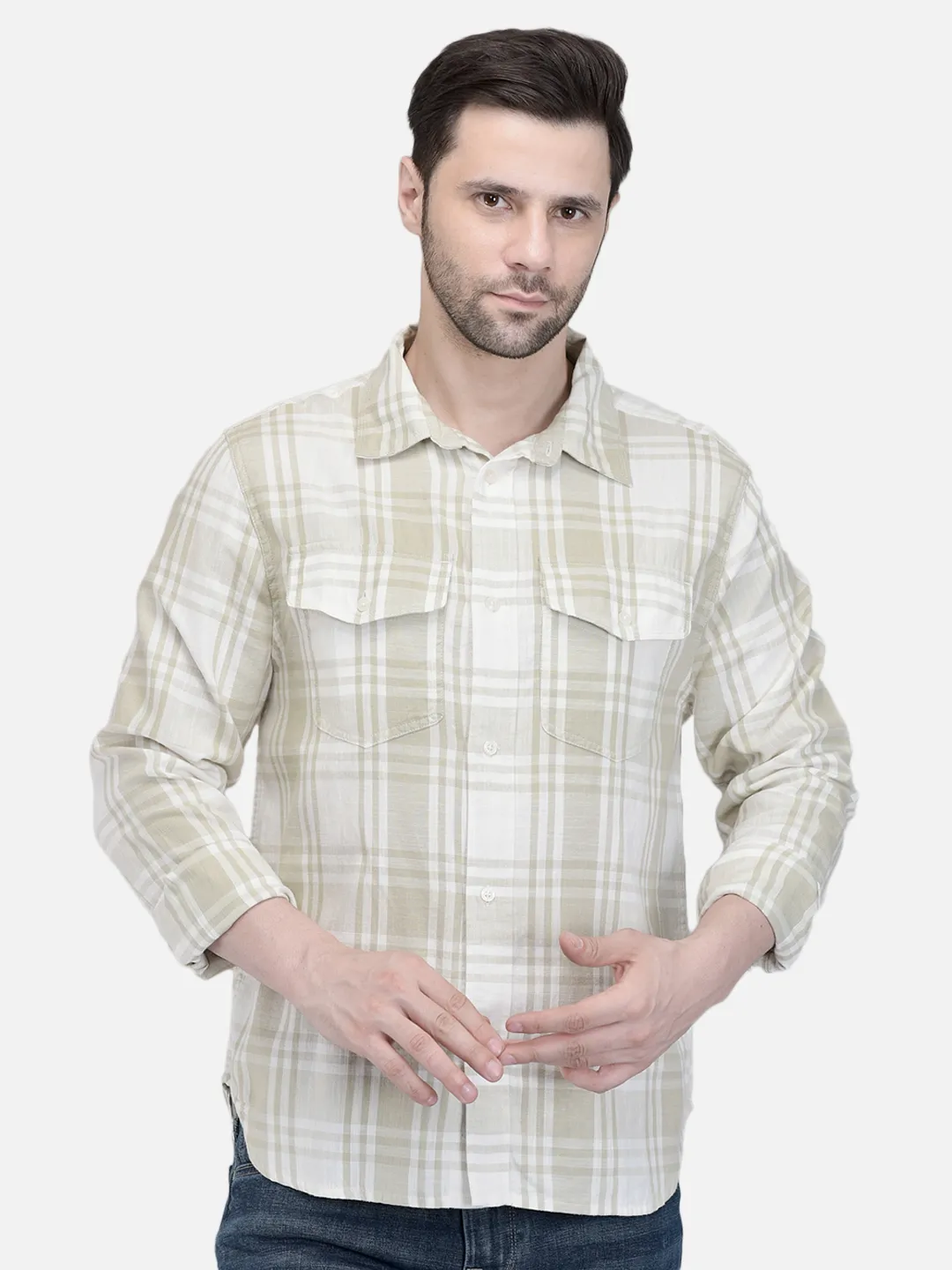 Woodland Men Owhite/Green Checked Utility Shirt