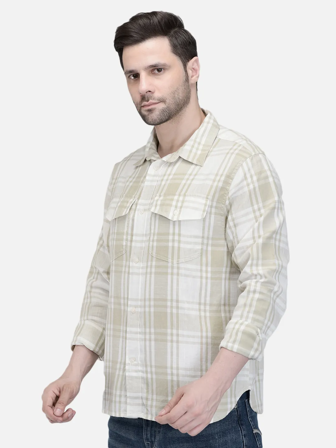Woodland Men Owhite/Green Checked Utility Shirt 2