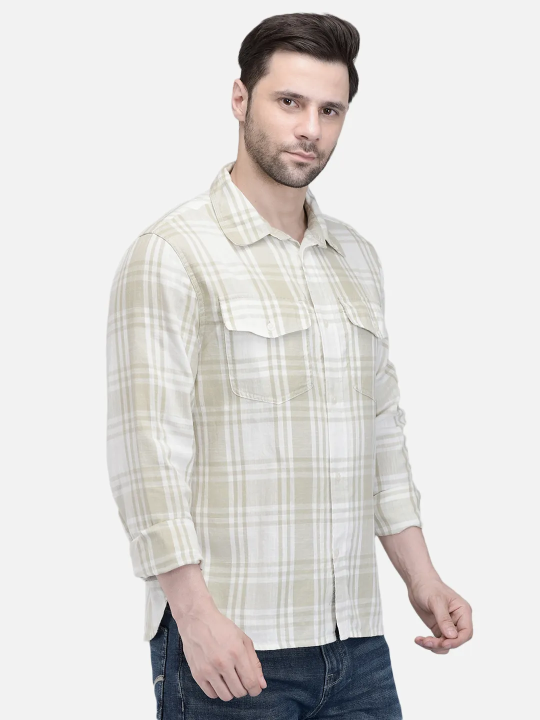 Woodland Men Owhite/Green Checked Utility Shirt 3