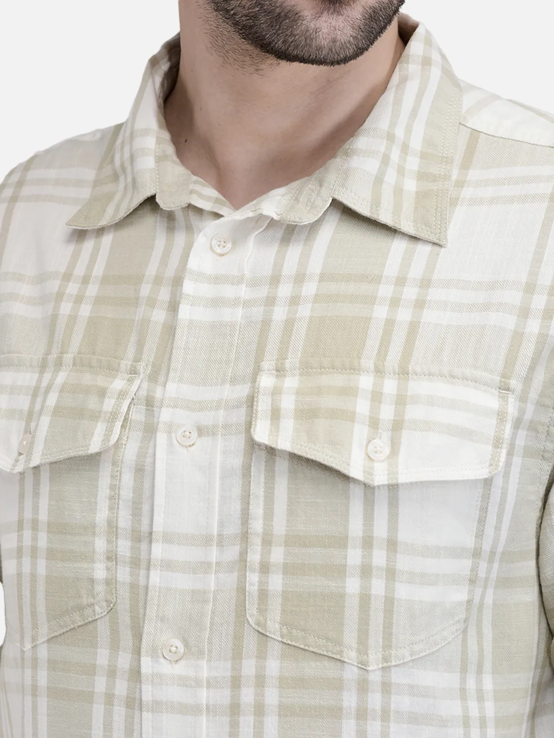 Woodland Men Owhite/Green Checked Utility Shirt 4