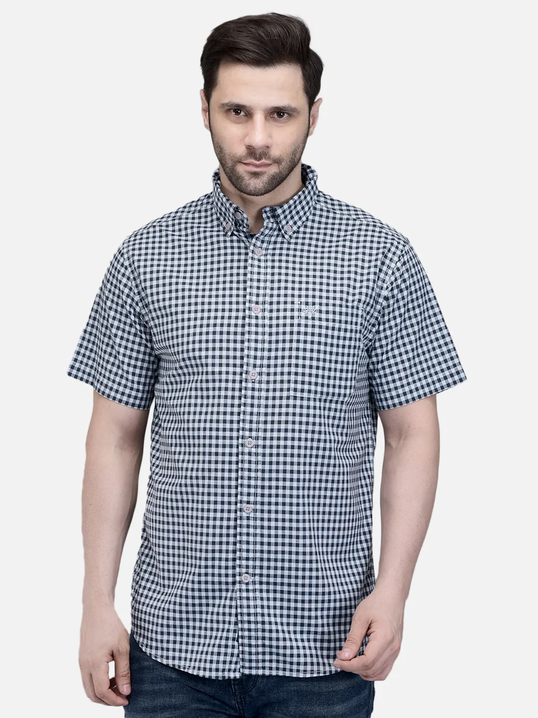 Men Blue Cotton Checked Shirt. 