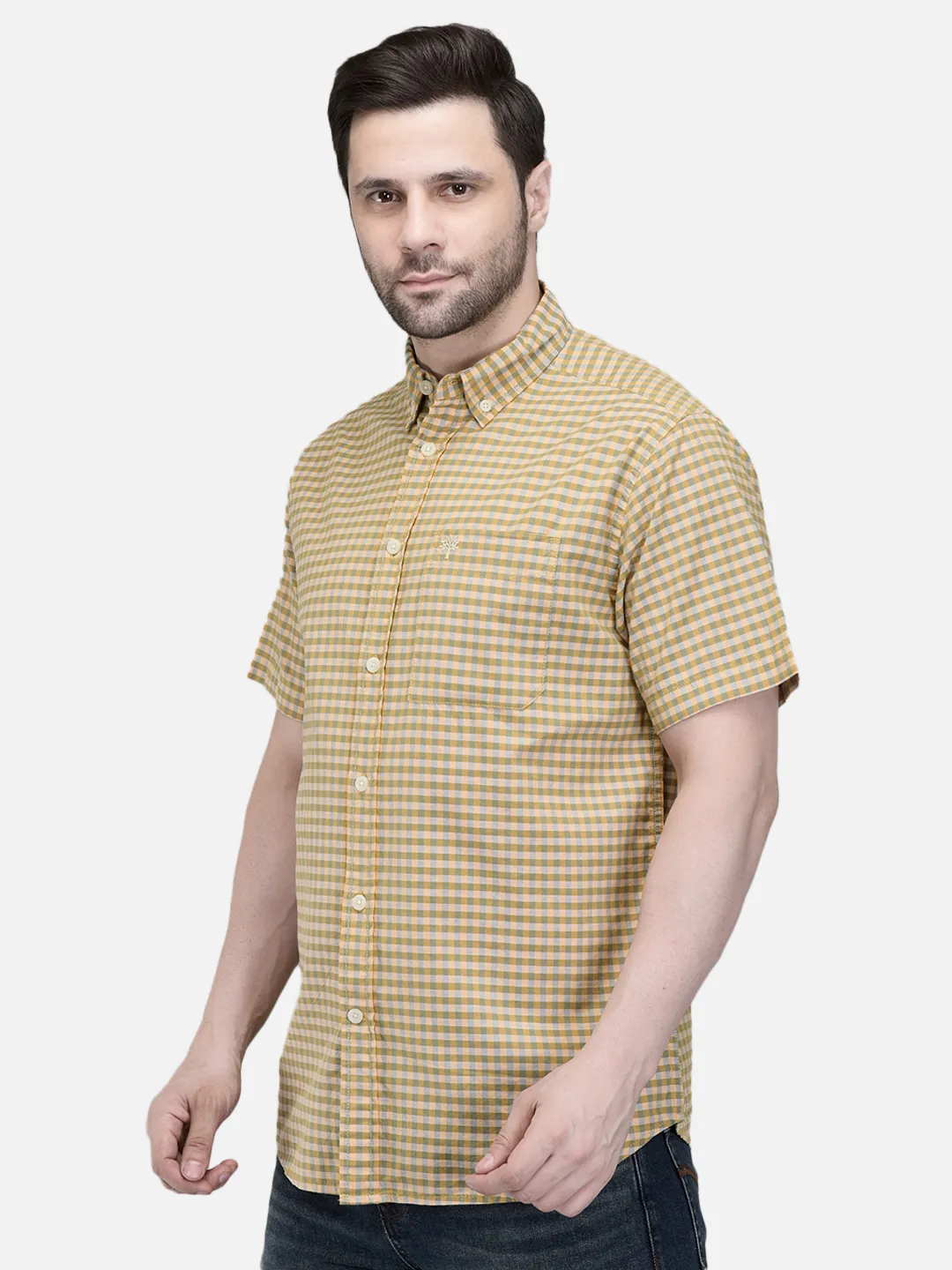 Men Mustard Beige Cotton Checked Shirt.  2