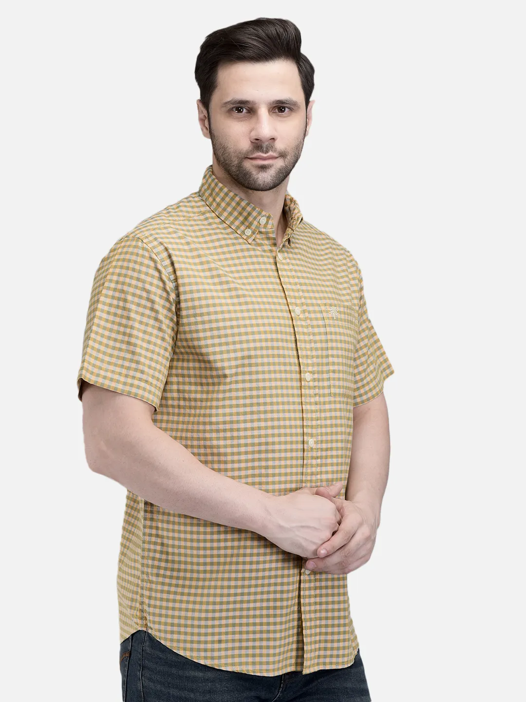 Men Mustard Beige Cotton Checked Shirt.  3