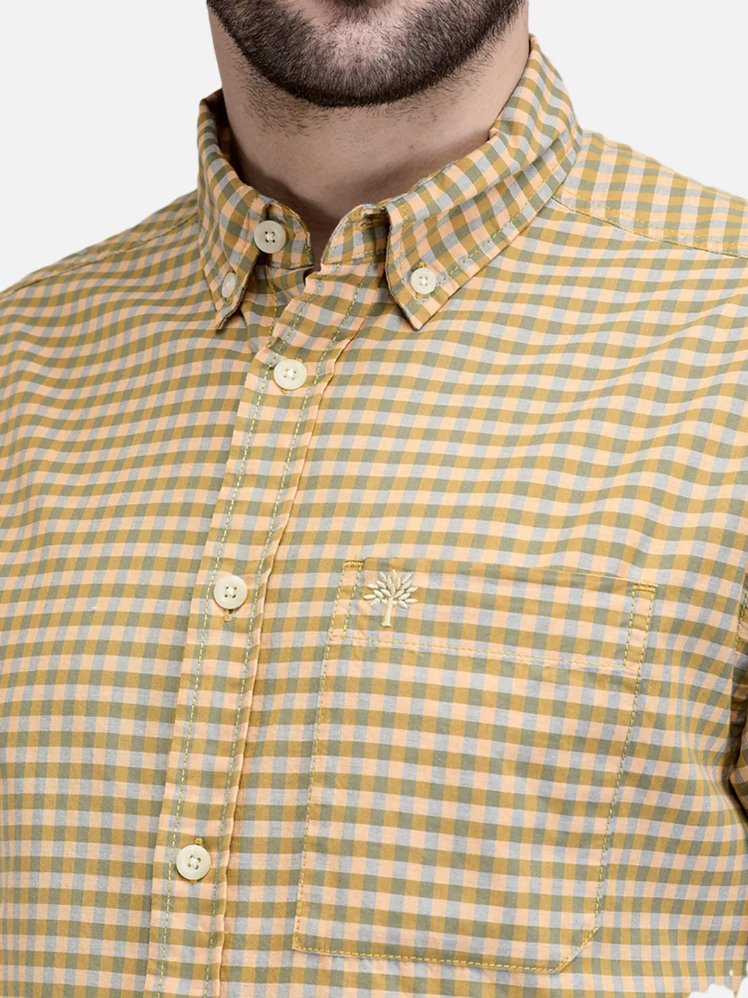 Men Mustard Beige Cotton Checked Shirt.  4