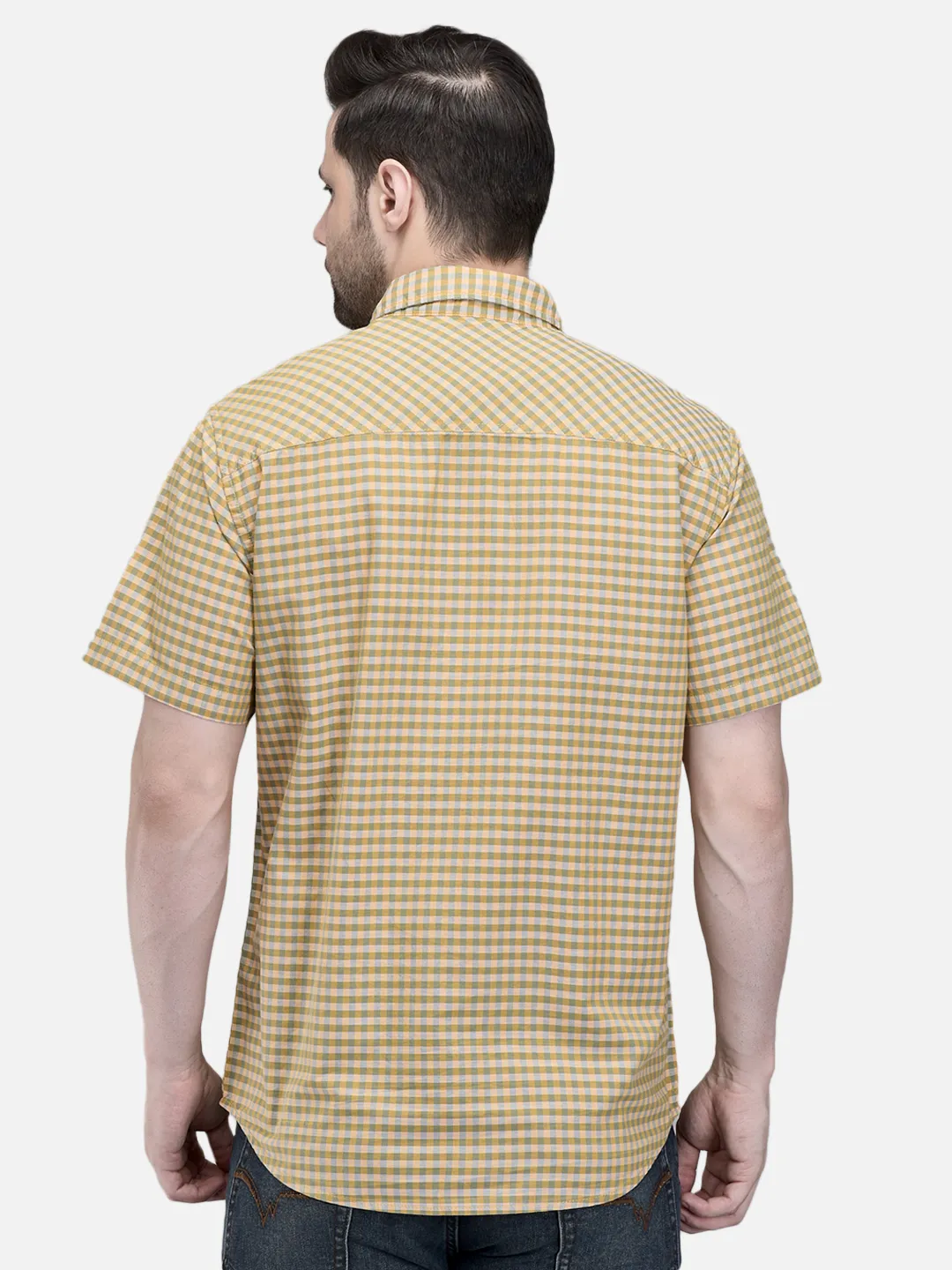 Men Mustard Beige Cotton Checked Shirt.  6
