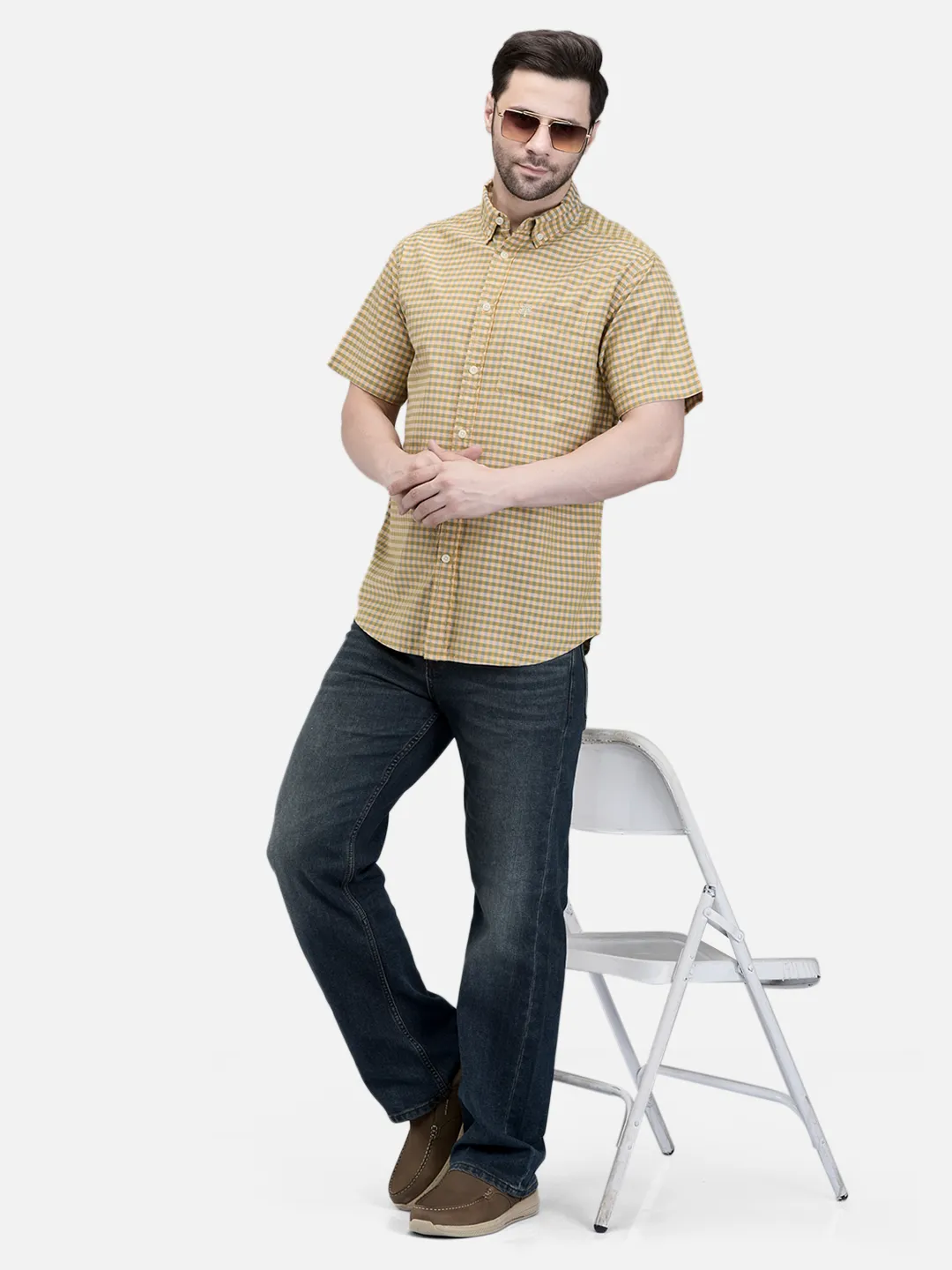 Men Mustard Beige Cotton Checked Shirt.  7