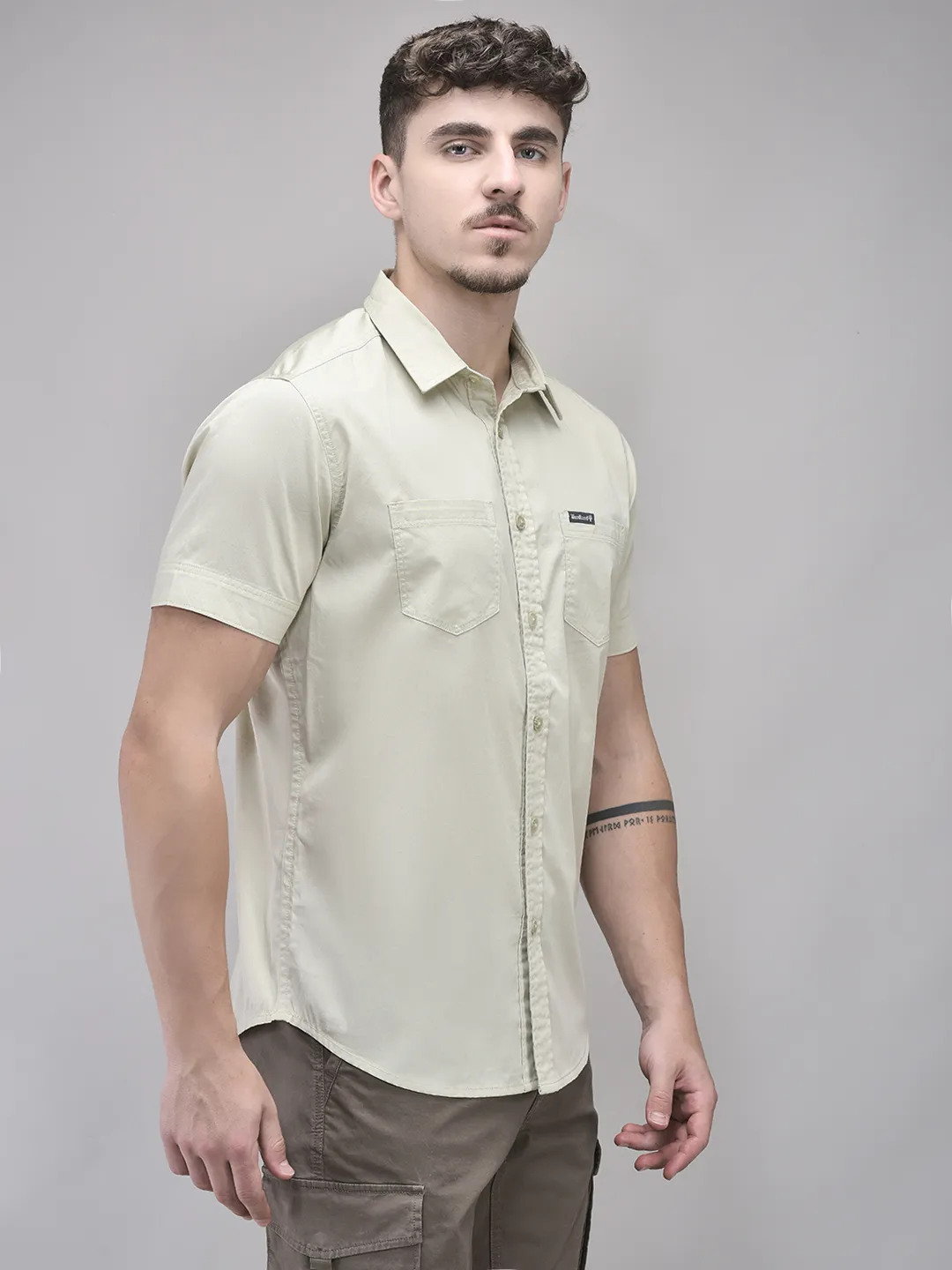 Cotton Spandex Beige Shirt - Thumbnail 3