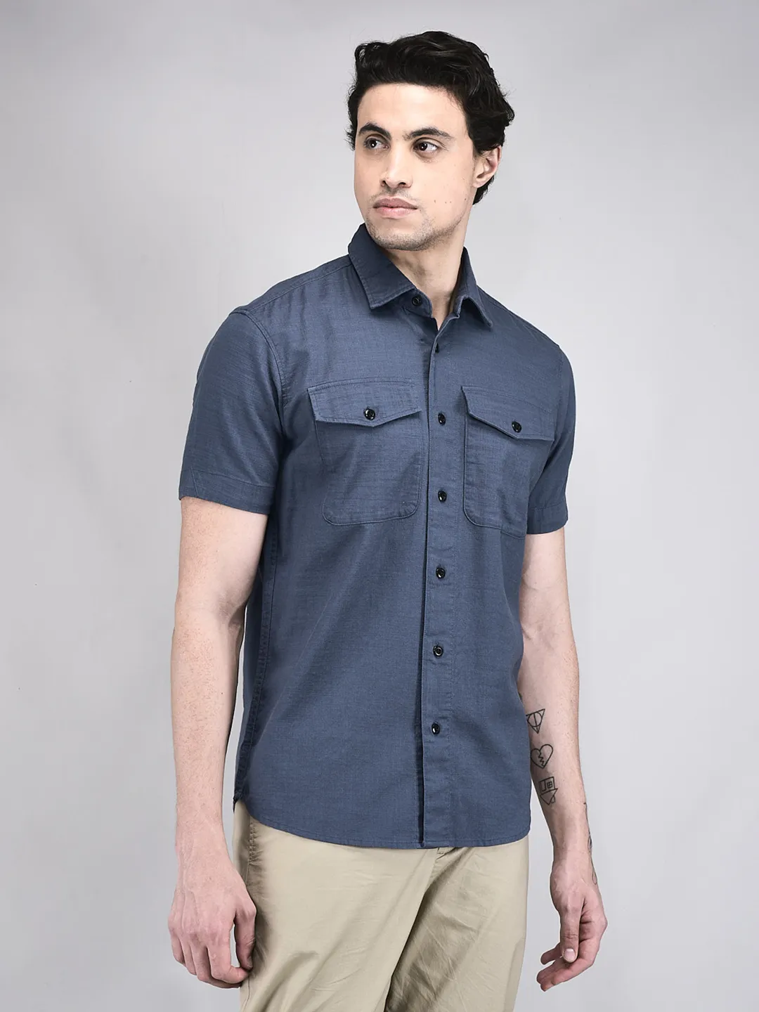 English Blue Cotton Shirt For Men - Thumbnail 2
