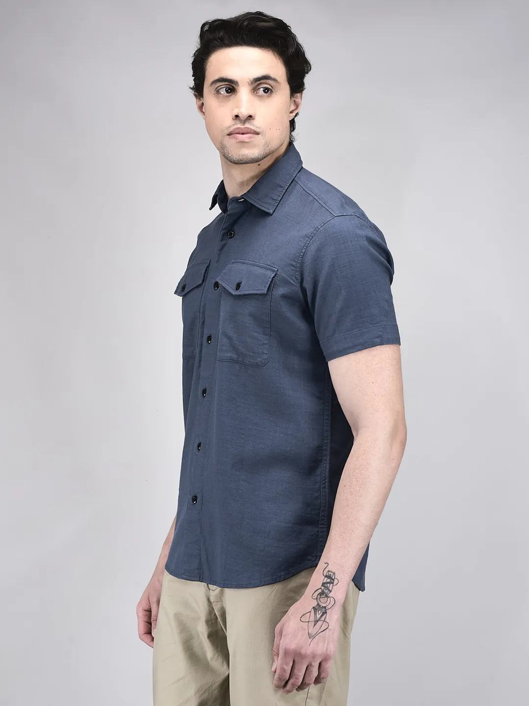 English Blue Cotton Shirt For Men - Thumbnail 3