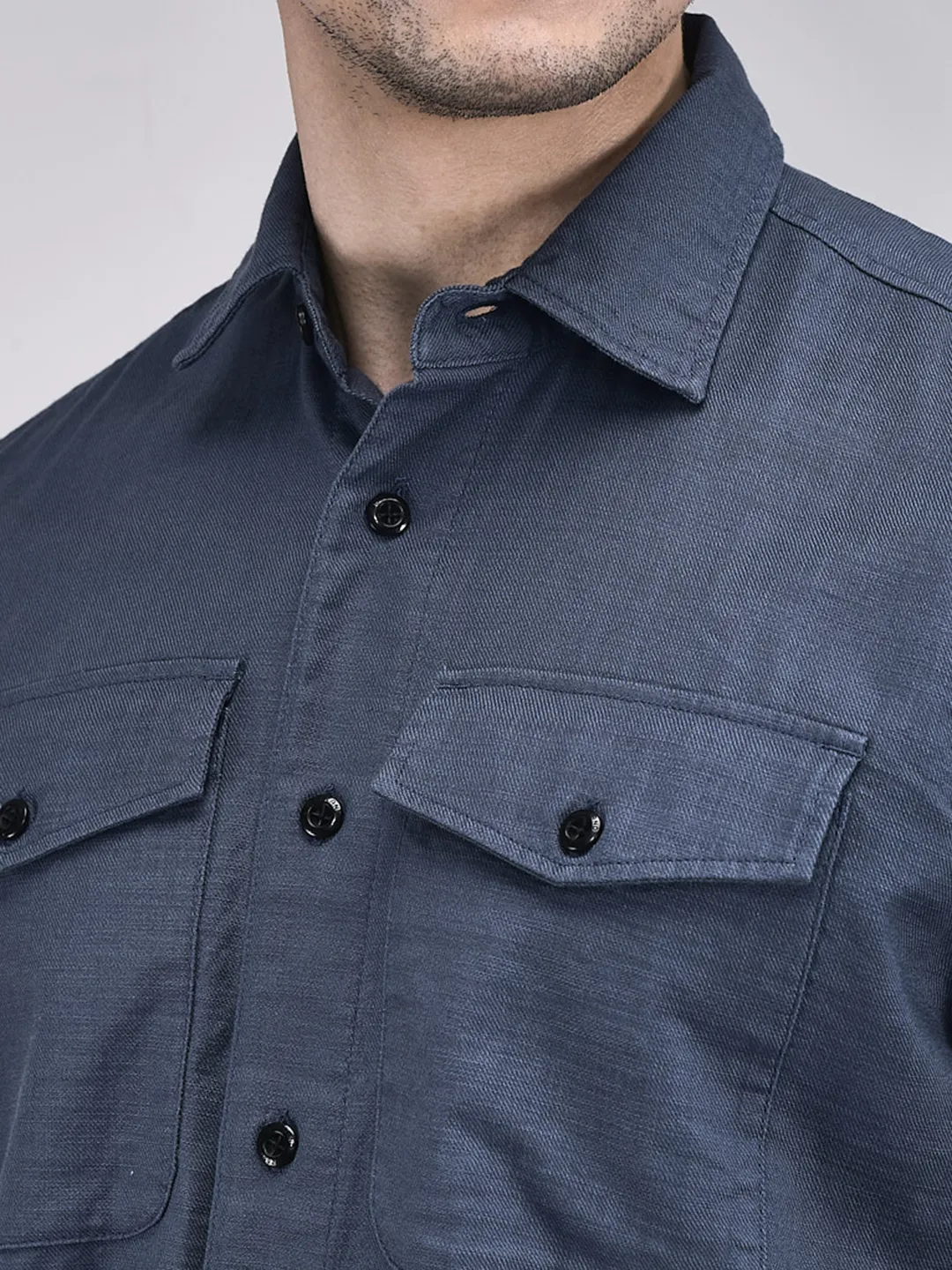 English Blue Cotton Shirt For Men - Thumbnail 4