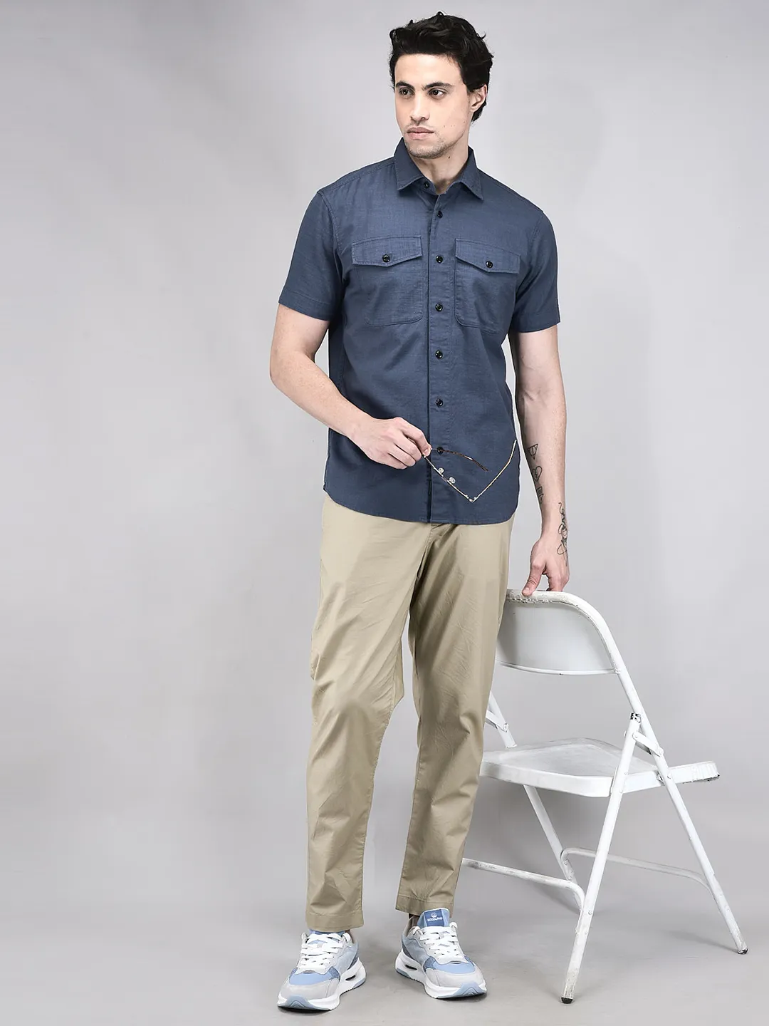 English Blue Cotton Shirt For Men - Thumbnail 7