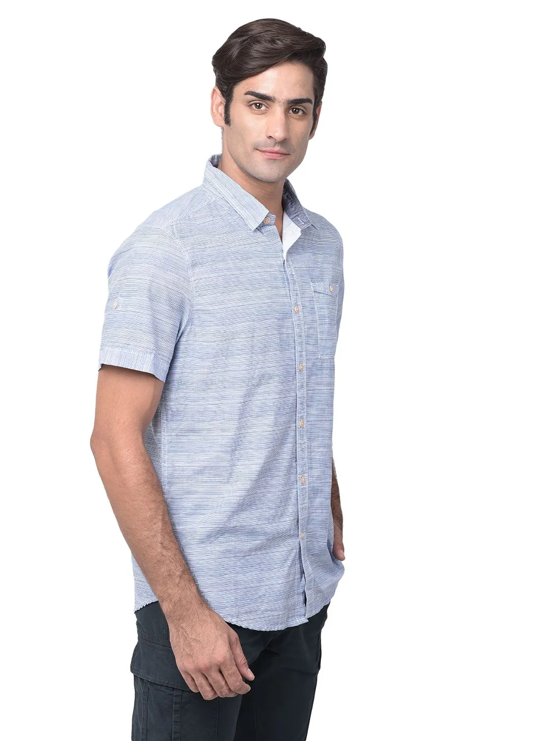 Blue/white half sleeve shirt for men - Thumbnail 6