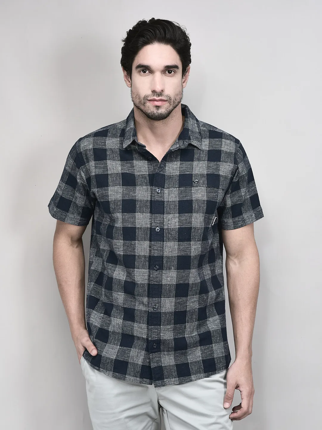 woodland-men-half-sleeve-navy-white-shirt