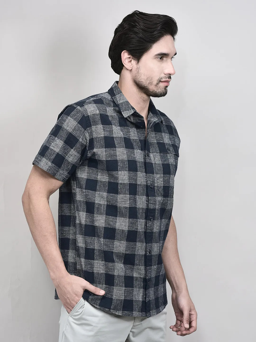 Woodland Men Half Sleeve Navy/White Shirt - Thumbnail 3