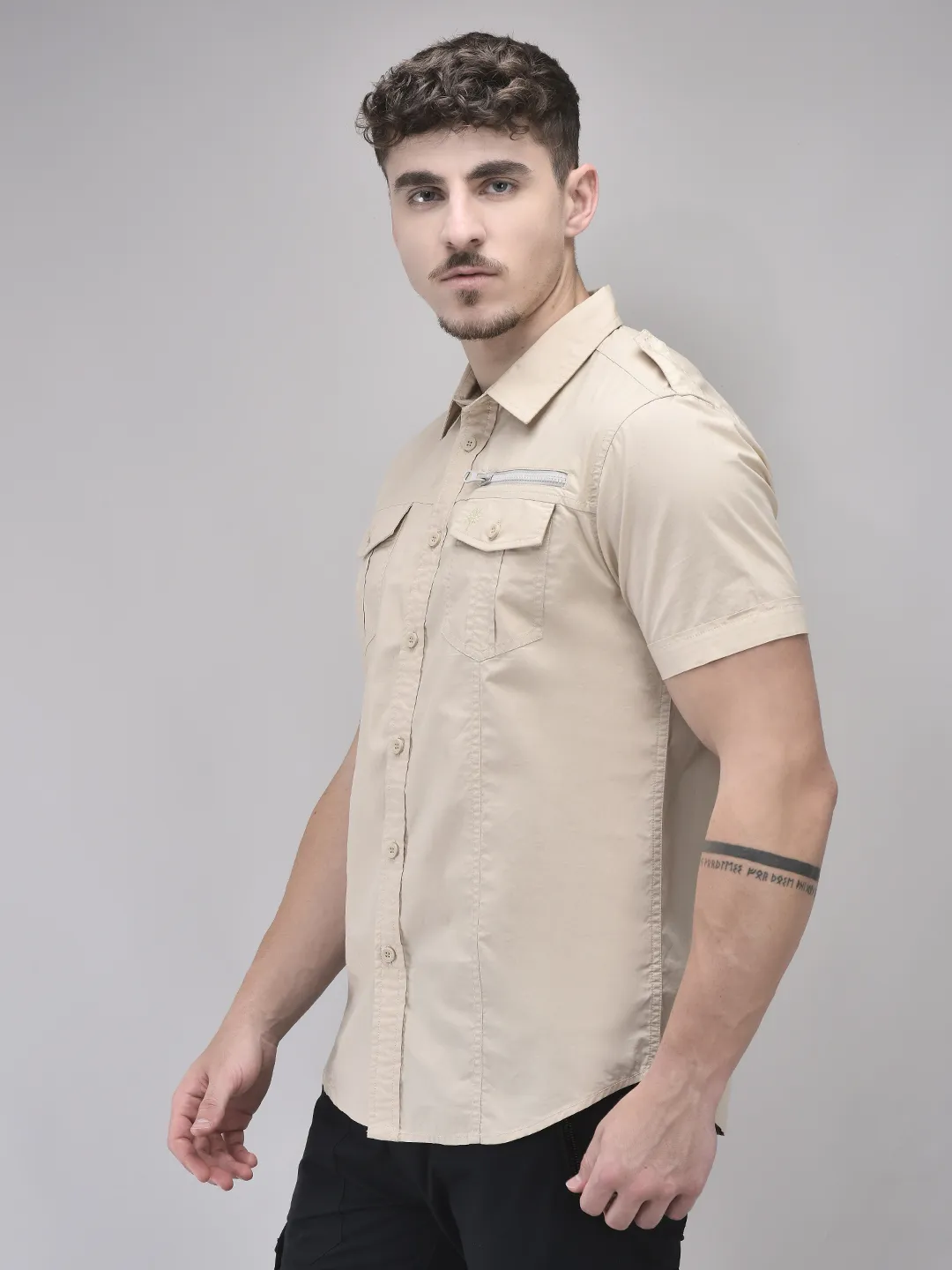 Beige Cotton Half Sleeve Shirt - Thumbnail 2