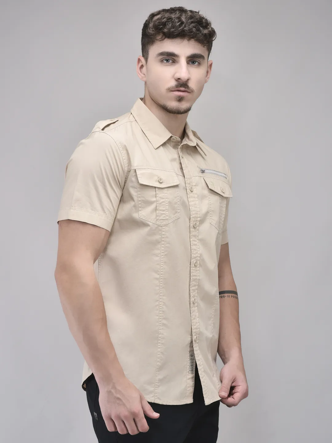 Beige Cotton Half Sleeve Shirt - Thumbnail 3