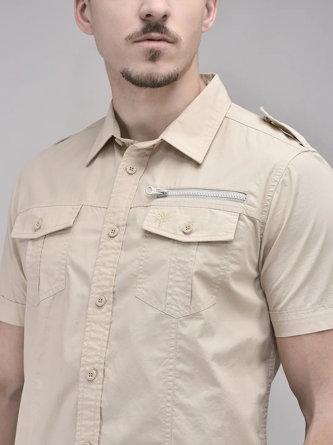 Beige Cotton Half Sleeve Shirt - Thumbnail 4