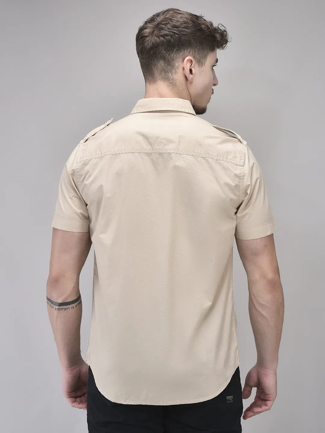 Beige Cotton Half Sleeve Shirt - Thumbnail 5