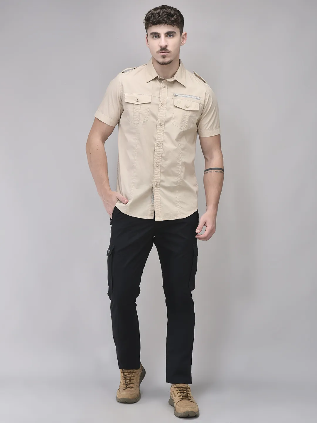 Beige Cotton Half Sleeve Shirt - Thumbnail 6