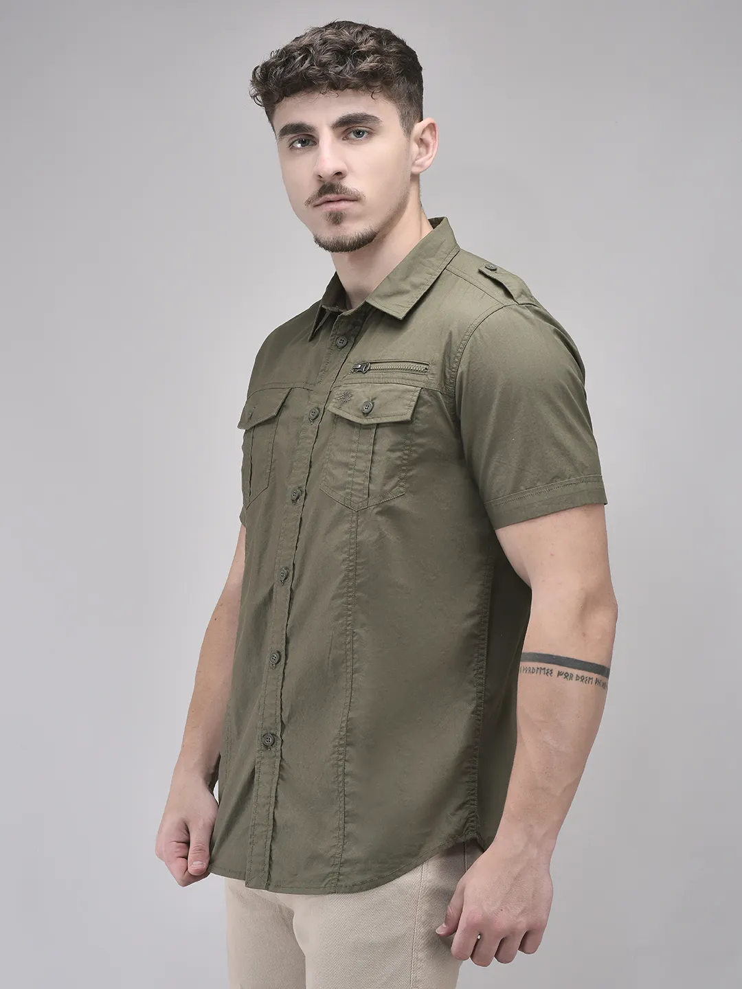 Olive Cotton Half Sleeve Shirt - Thumbnail 2
