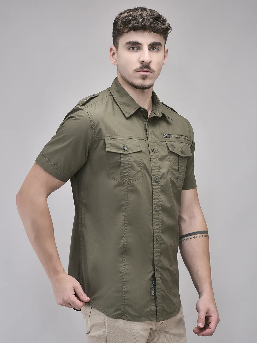 Olive Cotton Half Sleeve Shirt - Thumbnail 3