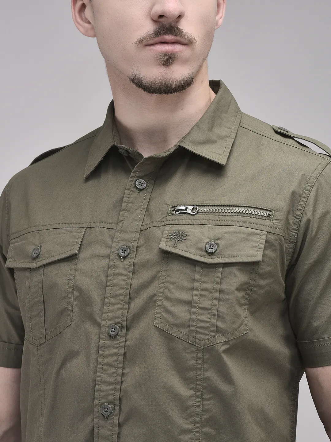 Olive Cotton Half Sleeve Shirt - Thumbnail 4