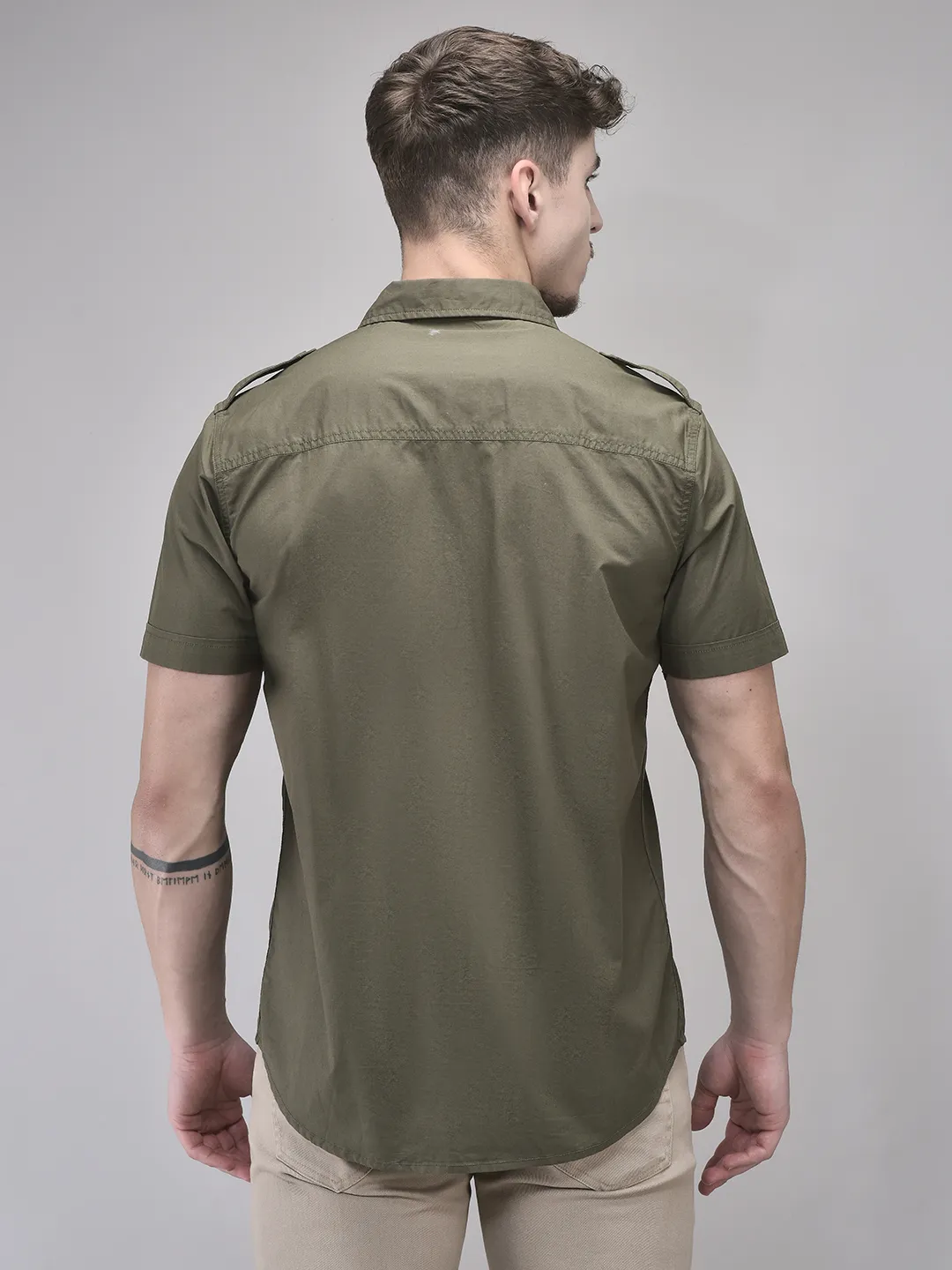 Olive Cotton Half Sleeve Shirt - Thumbnail 5