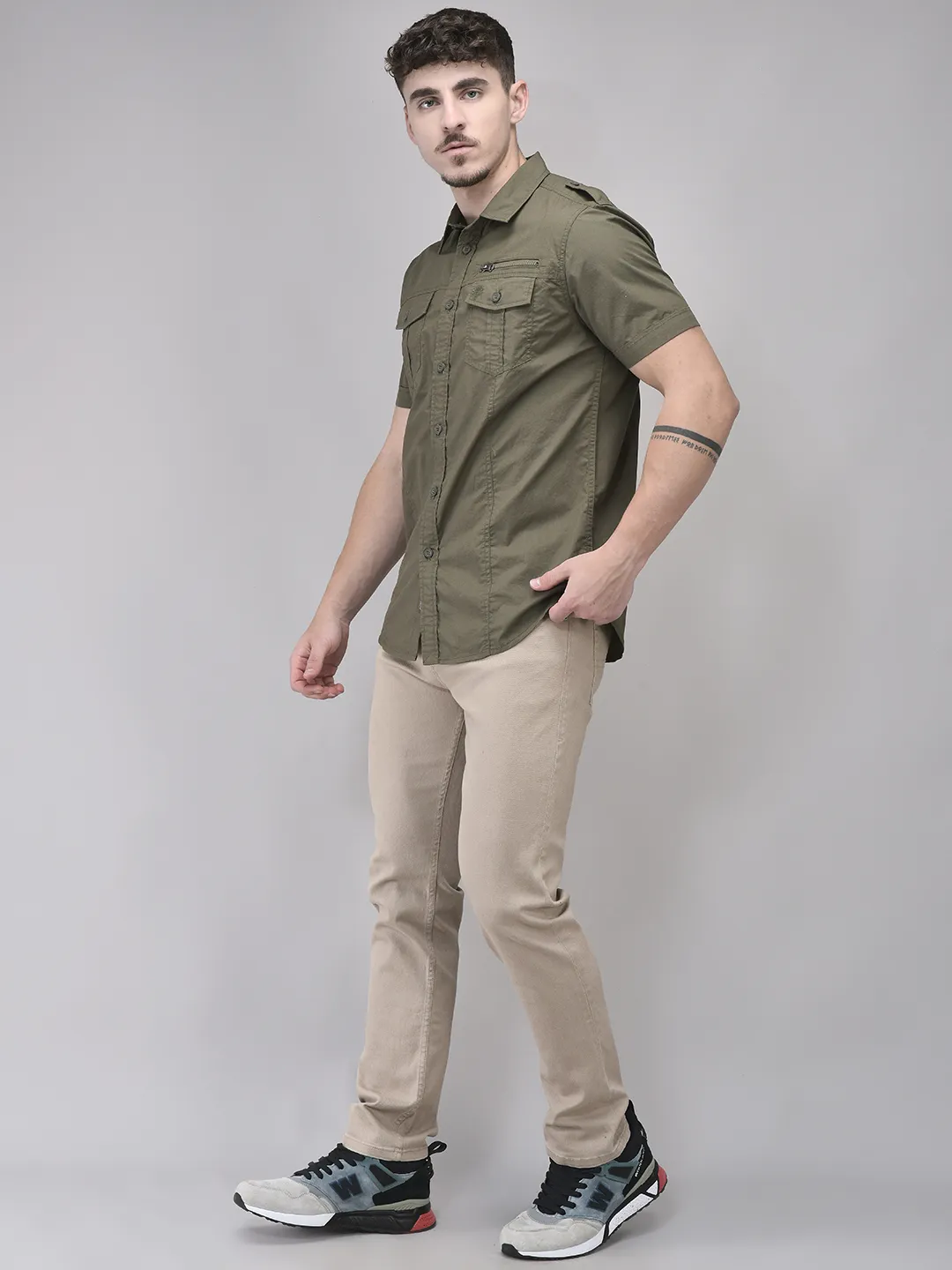 Olive Cotton Half Sleeve Shirt - Thumbnail 6