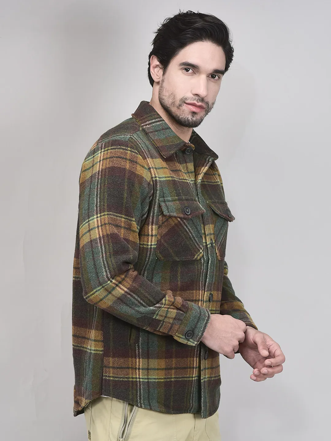 Olive/Mustard Prewinter Shirt For Men - Thumbnail 2