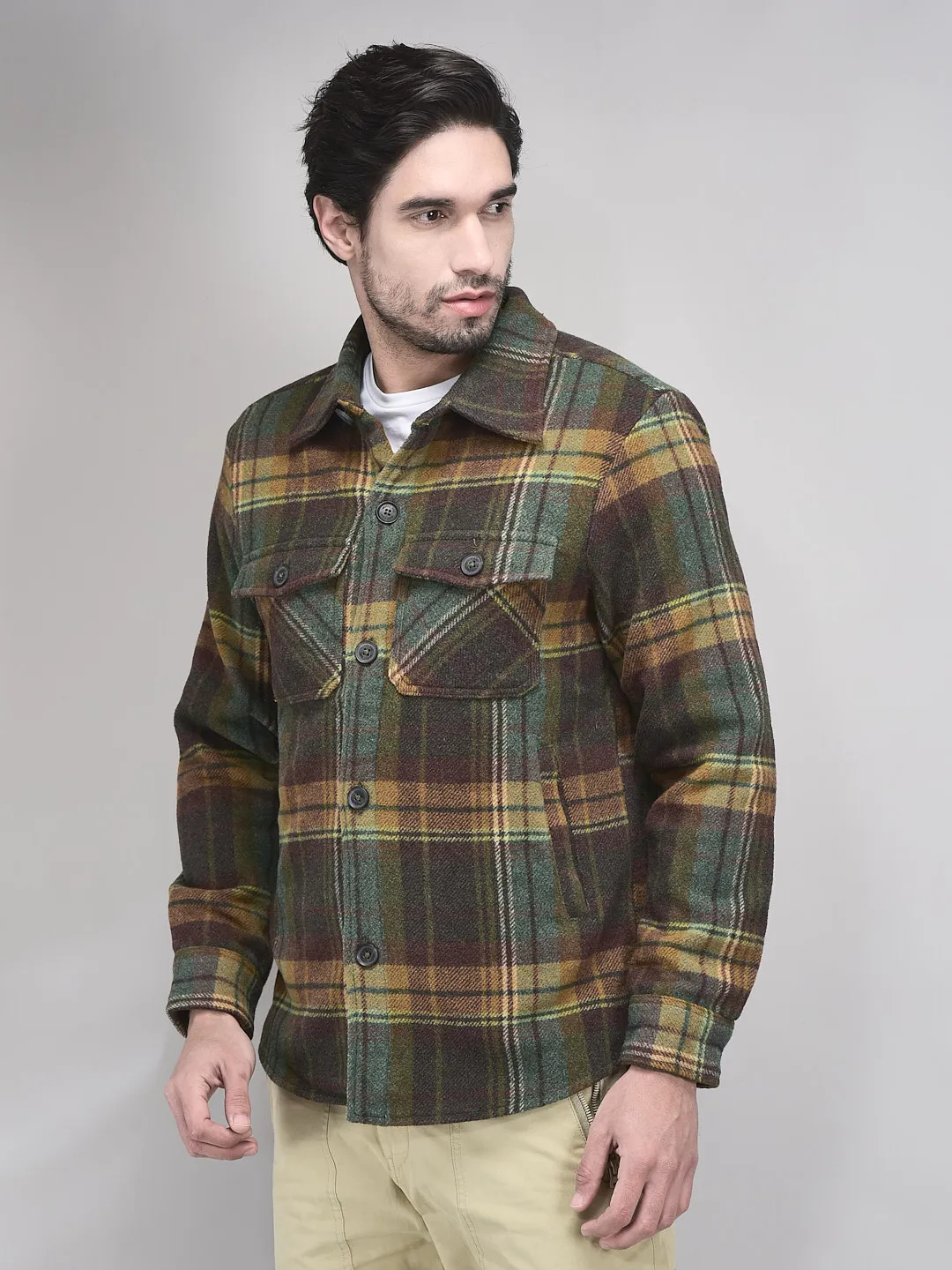 Olive/Mustard Prewinter Shirt For Men - Thumbnail 3