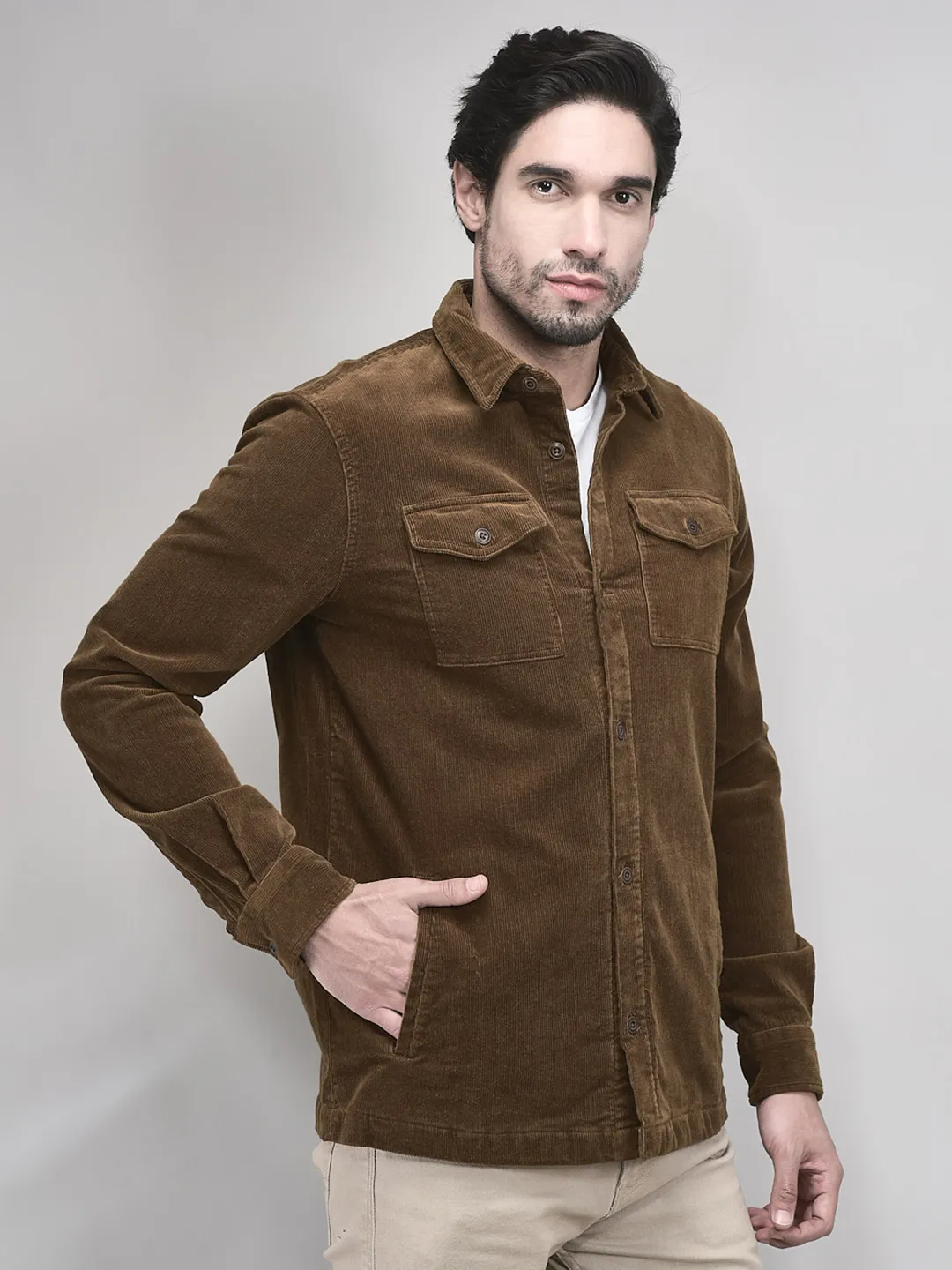 Brown Full Sleeve Prewinter Shirt for Men - Thumbnail 2