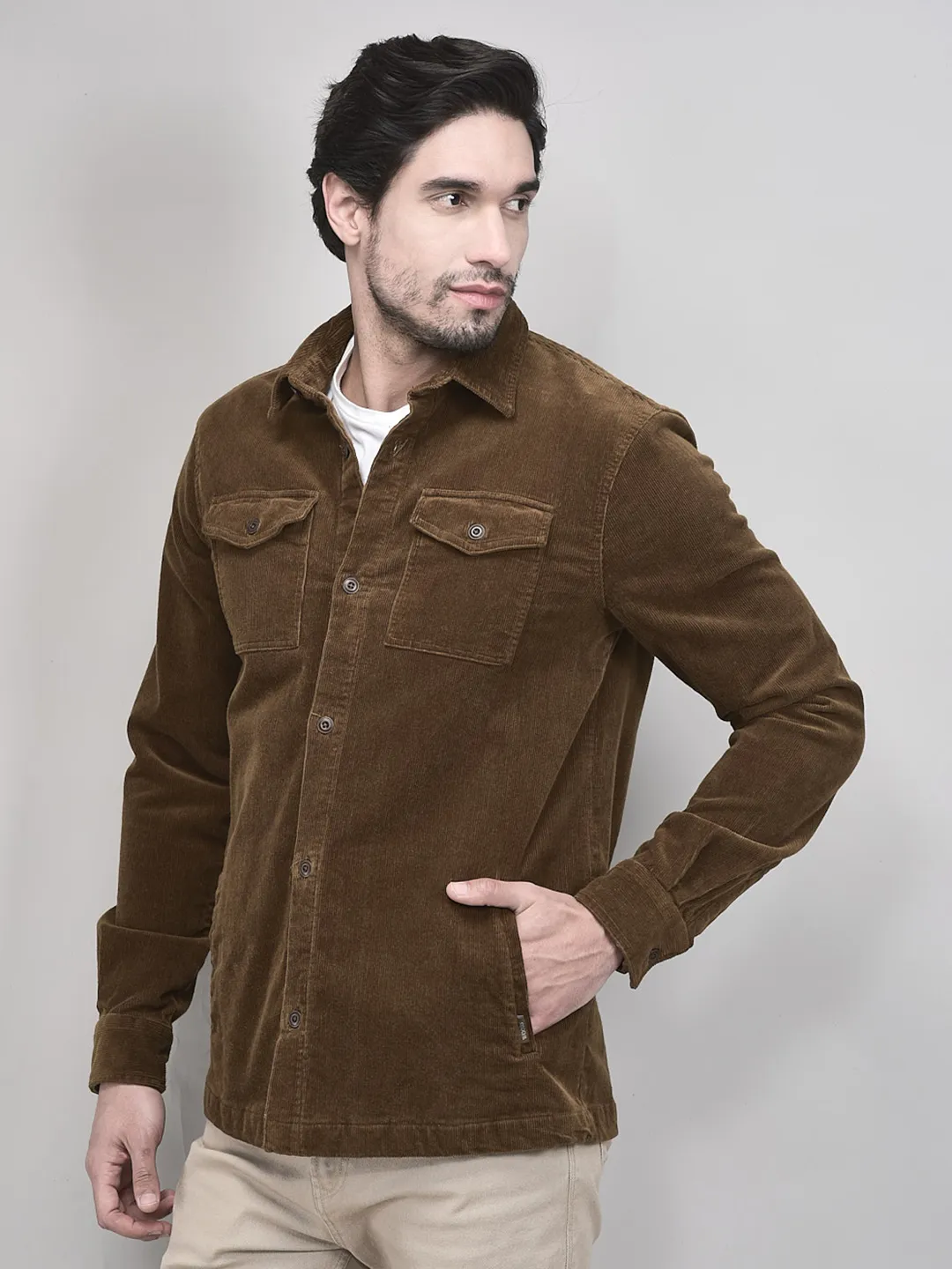 Brown Full Sleeve Prewinter Shirt for Men - Thumbnail 3