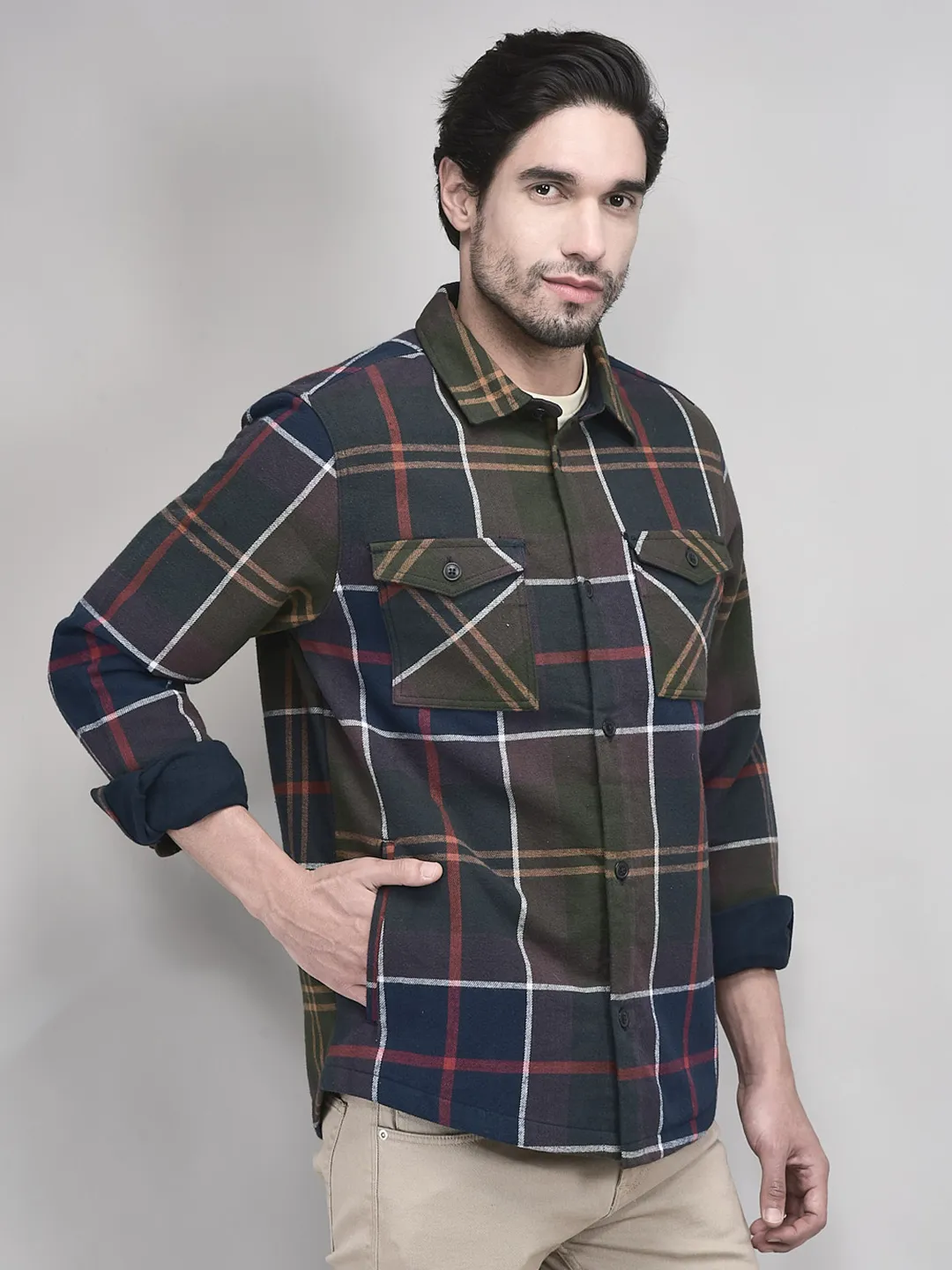 Full Sleeve Navy Multicolour Cotton Shacket - Thumbnail 2