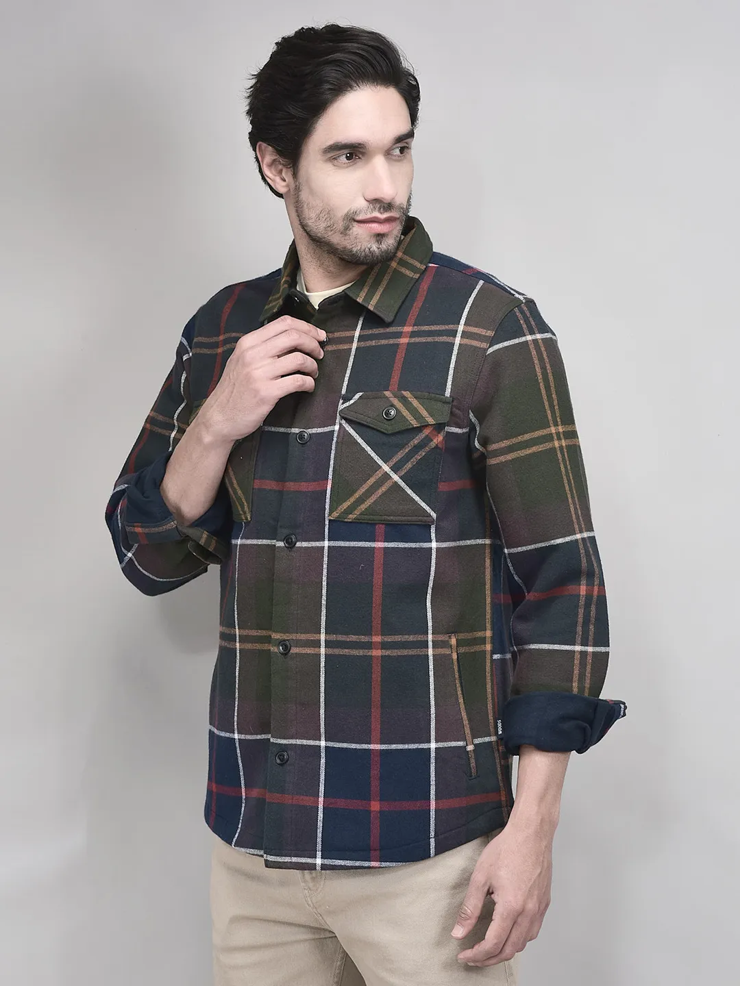 Full Sleeve Navy Multicolour Cotton Shacket - Thumbnail 3