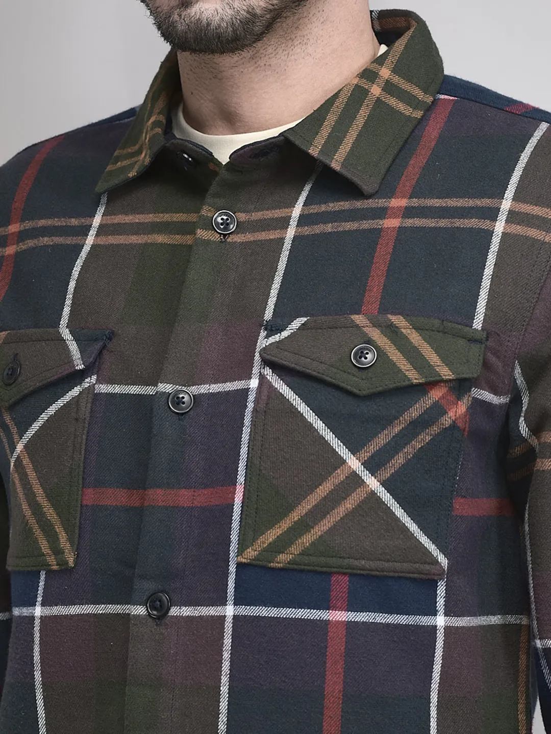 Full Sleeve Navy Multicolour Cotton Shacket - Thumbnail 4