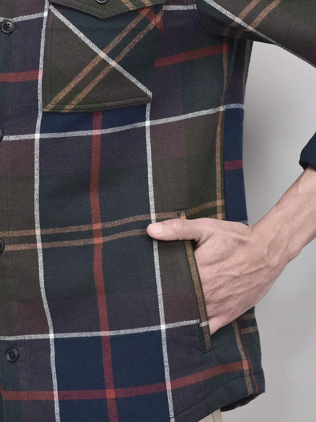 Full Sleeve Navy Multicolour Cotton Shacket - Thumbnail 6