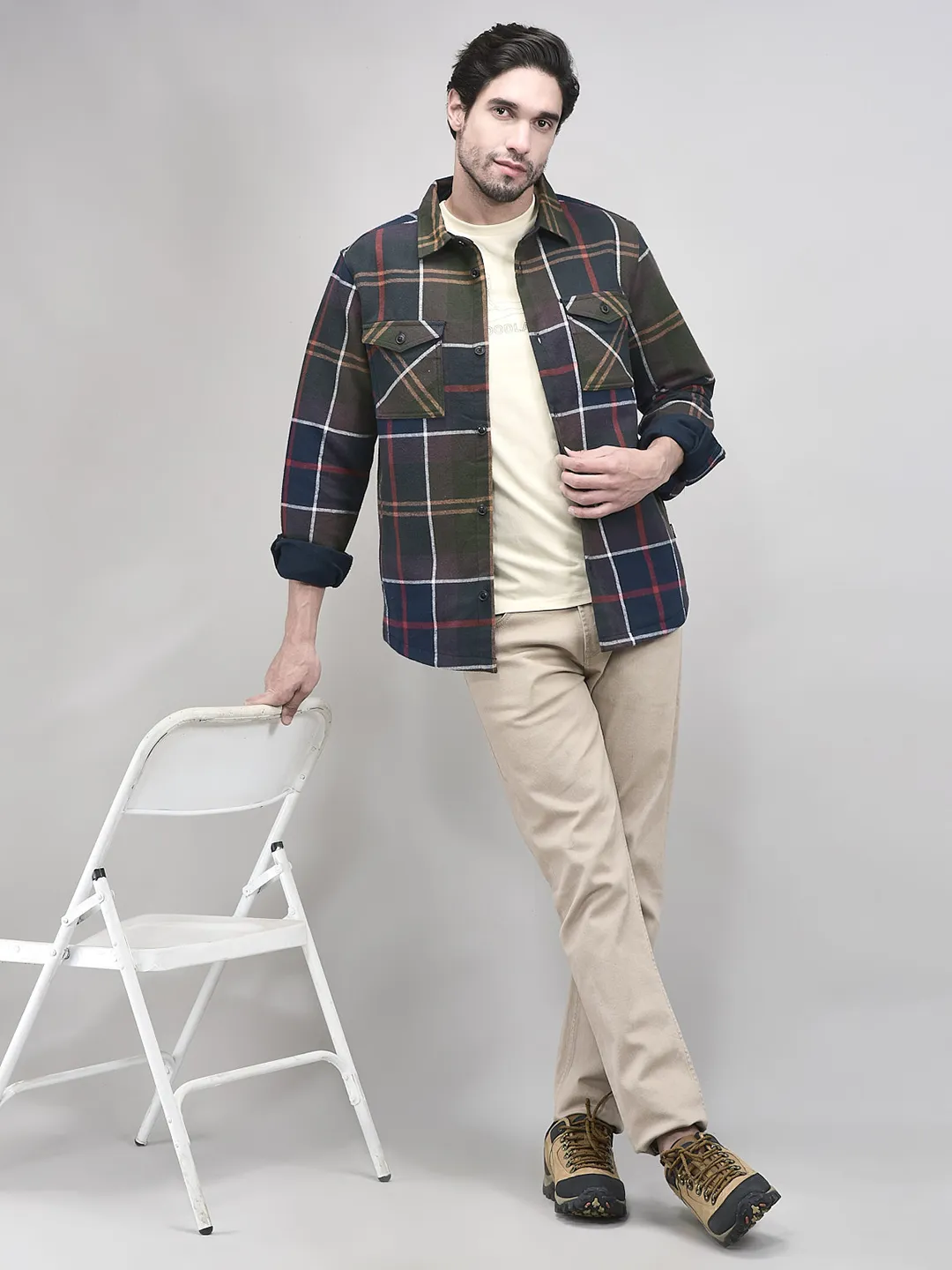 Full Sleeve Navy Multicolour Cotton Shacket - Thumbnail 8