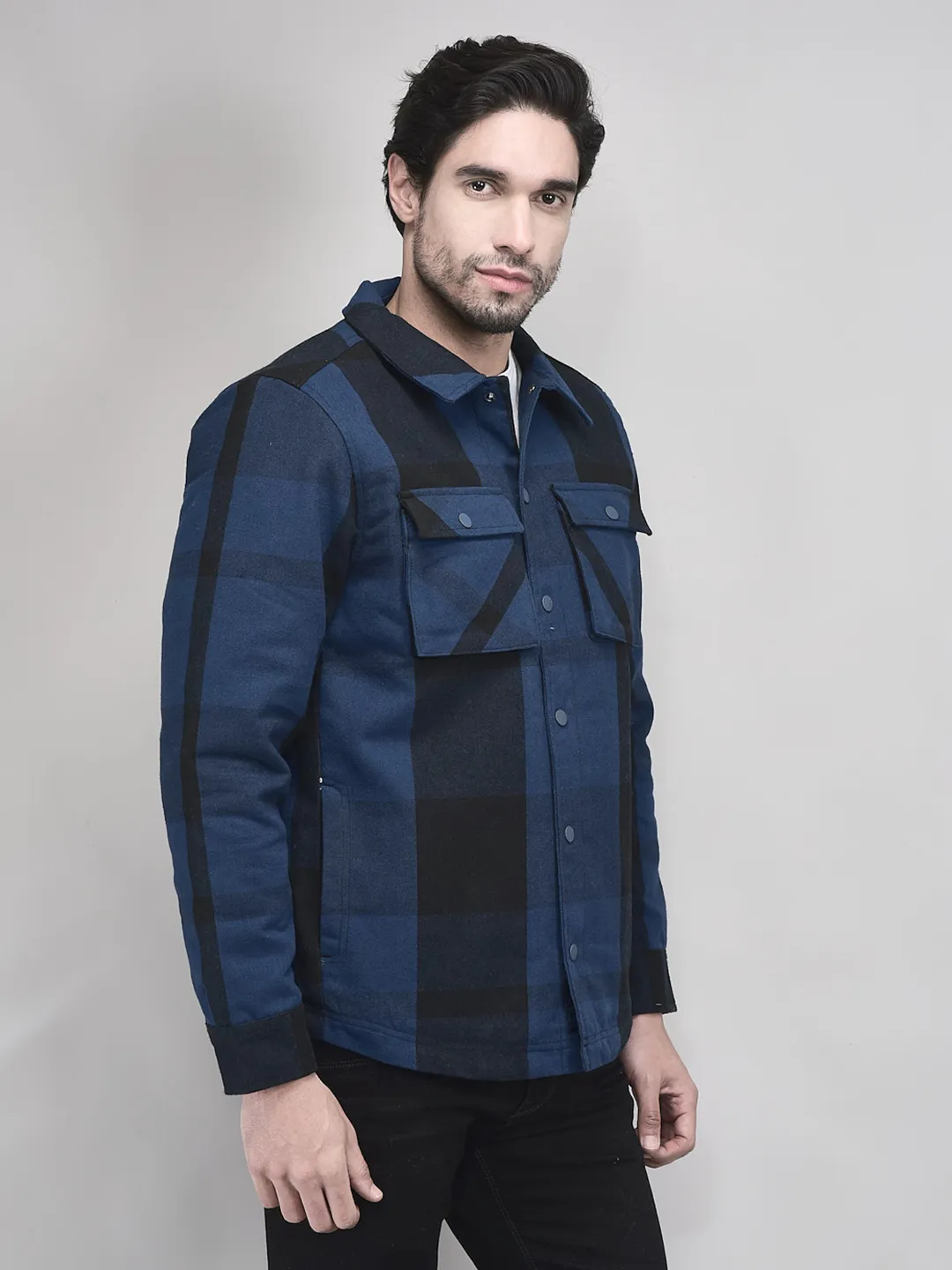 Blue/Black Polycotton Shacket For Men - Thumbnail 2