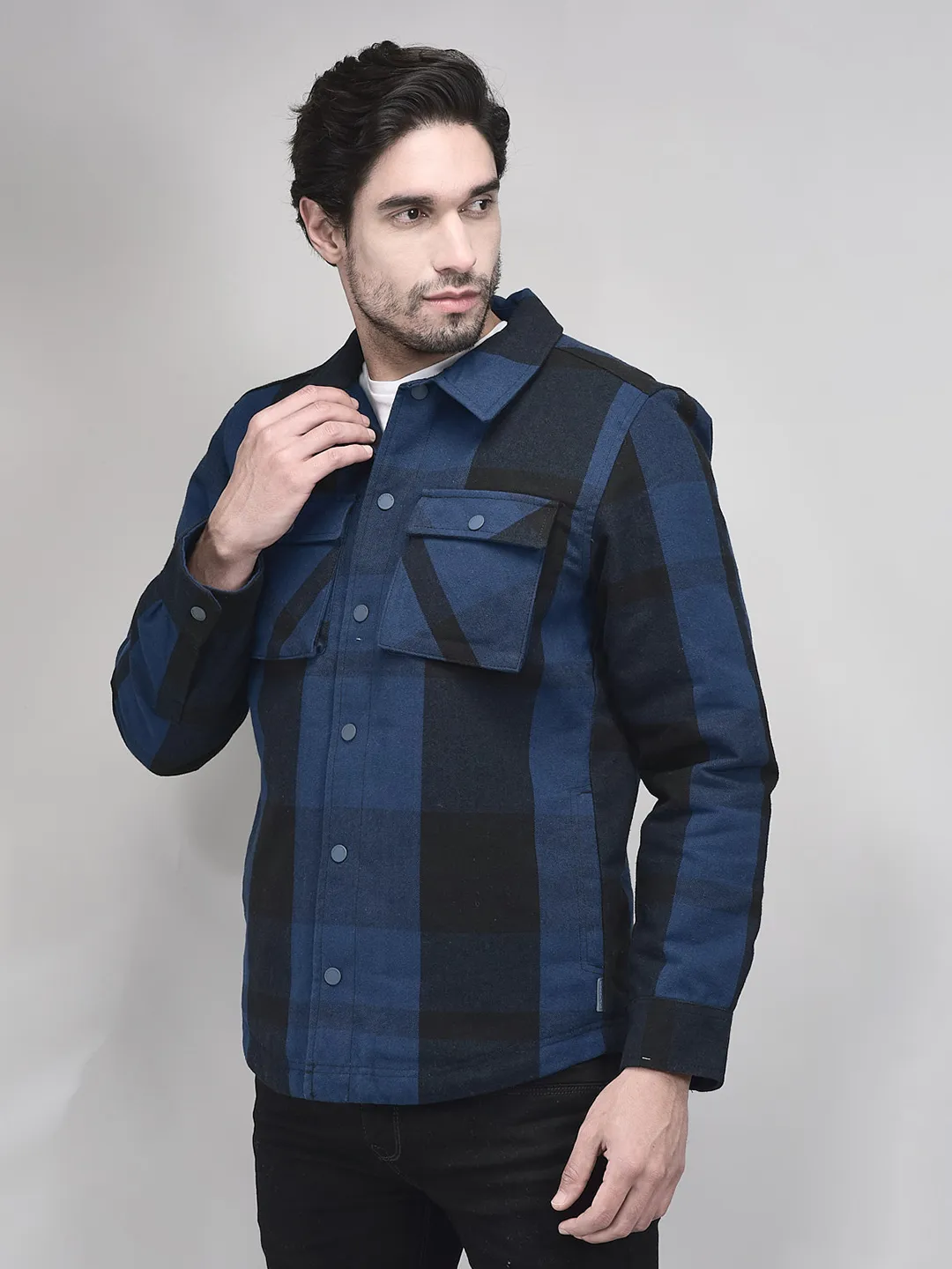 Blue/Black Polycotton Shacket For Men - Thumbnail 3