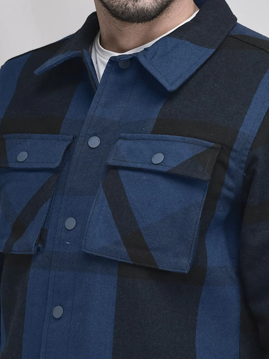 Blue/Black Polycotton Shacket For Men - Thumbnail 4